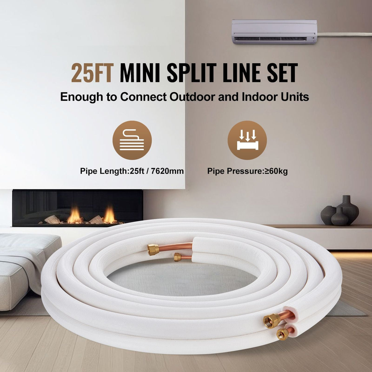25FT Mini Split Line Set, 1/4" & 1/2" O.D Copper Pipes Tubing and Triple-Layer Insulation, for Mini Split Air Conditioning Refrigerant or Heating Pump Equipment & HVAC with Wrapping Strips.