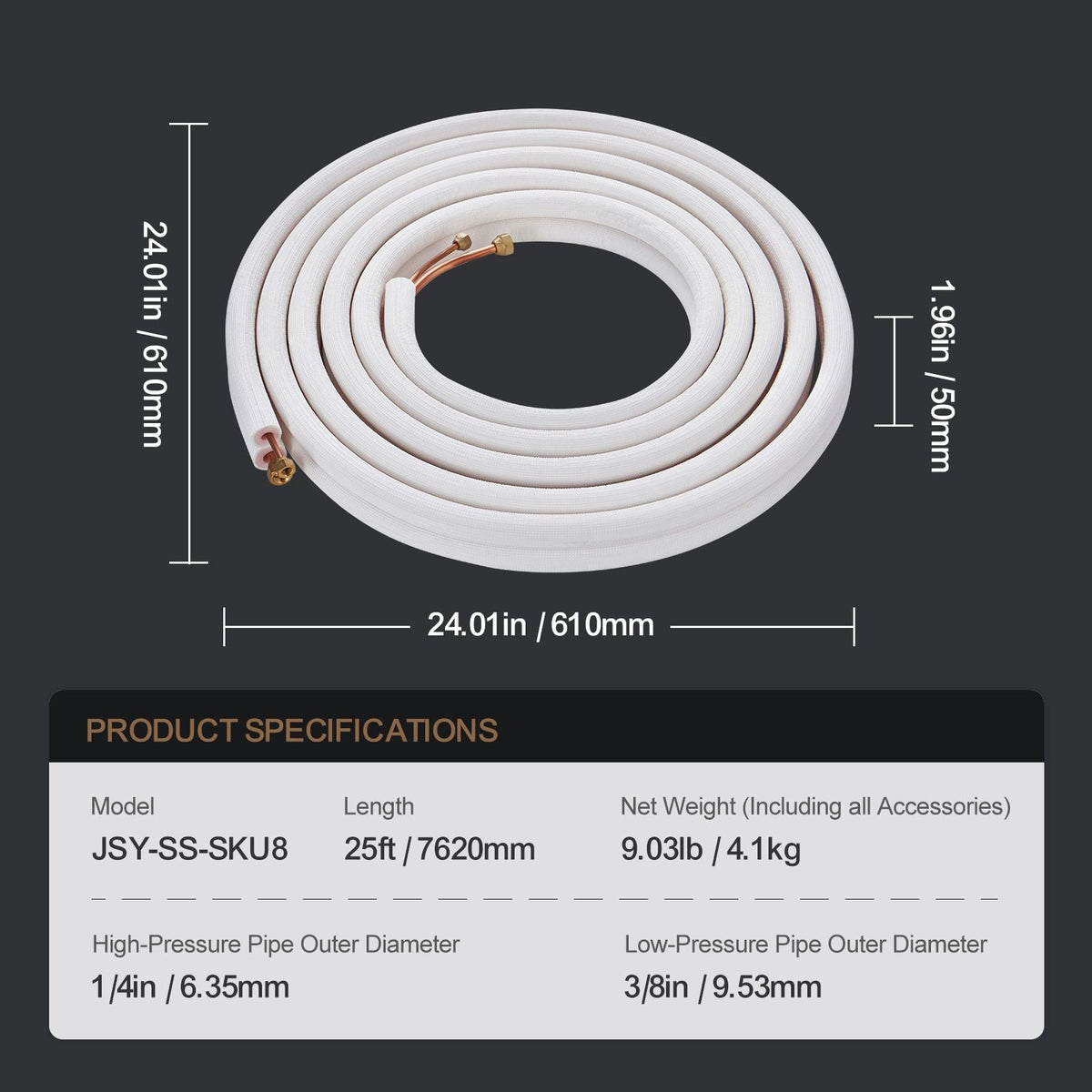 25FT Mini Split Line Set, 1/4" & 3/8" O.D Copper Pipes Tubing and Triple-Layer Insulation, for Air Conditioning or Heating Pump Equipment & HVAC with Rich Accessories (27ft Connection Cable)