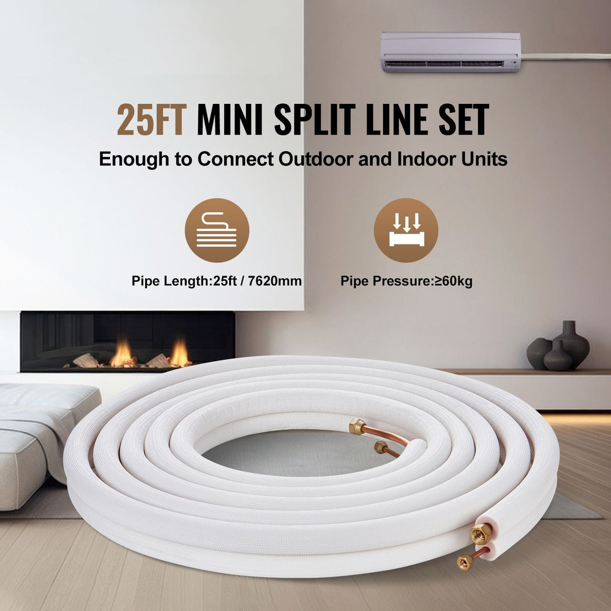 25FT Mini Split Line Set, 1/4" & 3/8" O.D Copper Pipes Tubing and Triple-Layer Insulation, for Air Conditioning or Heating Pump Equipment & HVAC with Rich Accessories (27ft Connection Cable)