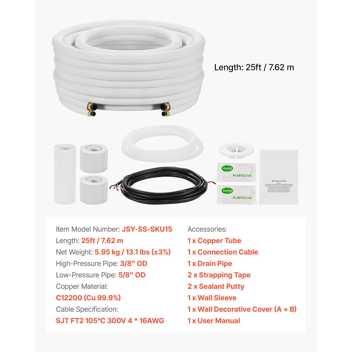 25ft Mini Split Line Set, 3/8' & 5/8' OD AC Copper Tubing Pipe, 3/8 White PE Thickened Insulated Coil with Flared Nuts, Rich Fittings, for Mini Split Air Conditioner HVAC or Heat Pump System
