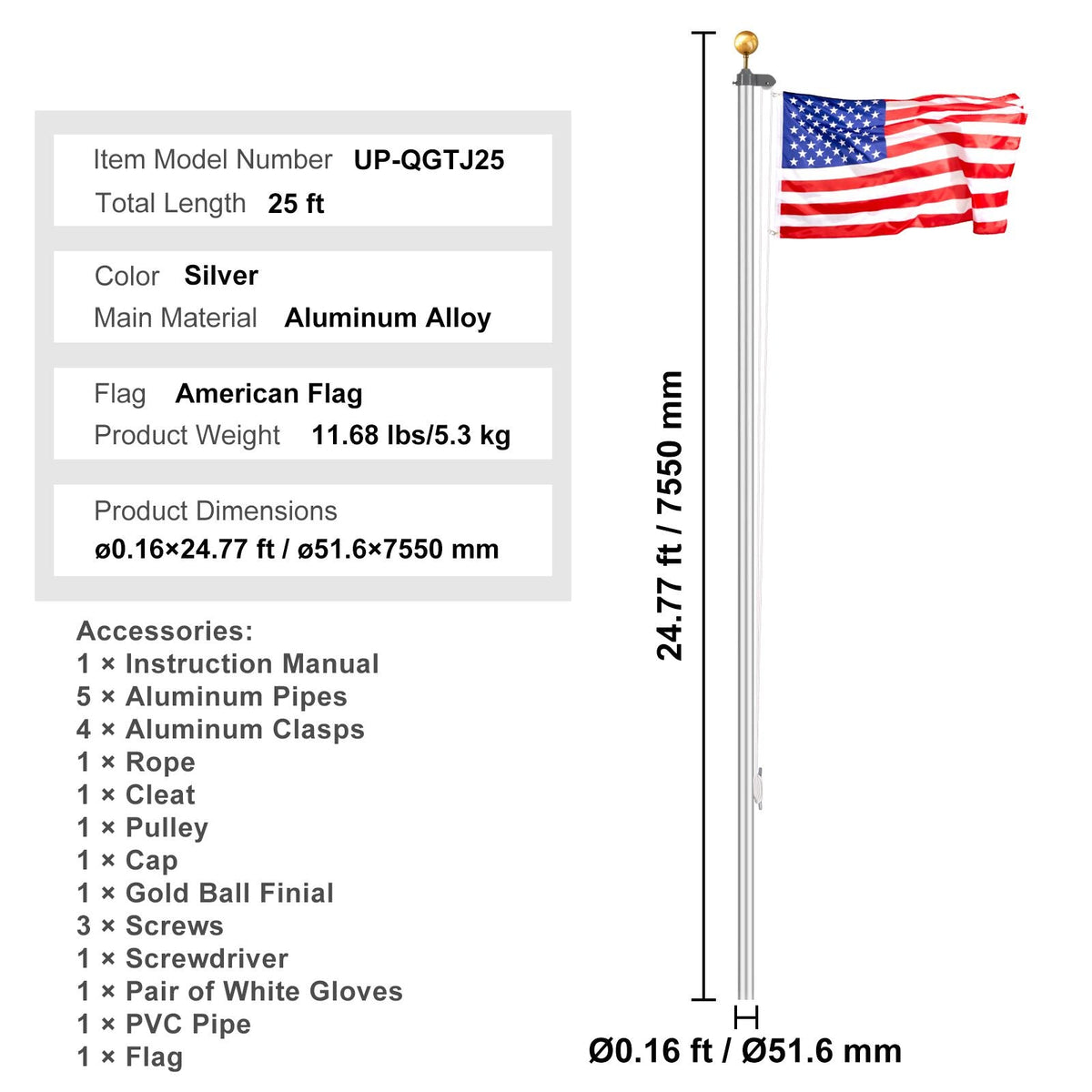 25FT Sectional Flag pole Kit, Heavy Duty Aluminum Alloy in Ground Flag poles for Outside, 3 Display Modes Flagpole with 3x5 American Flag, Professional Accessories, Silver