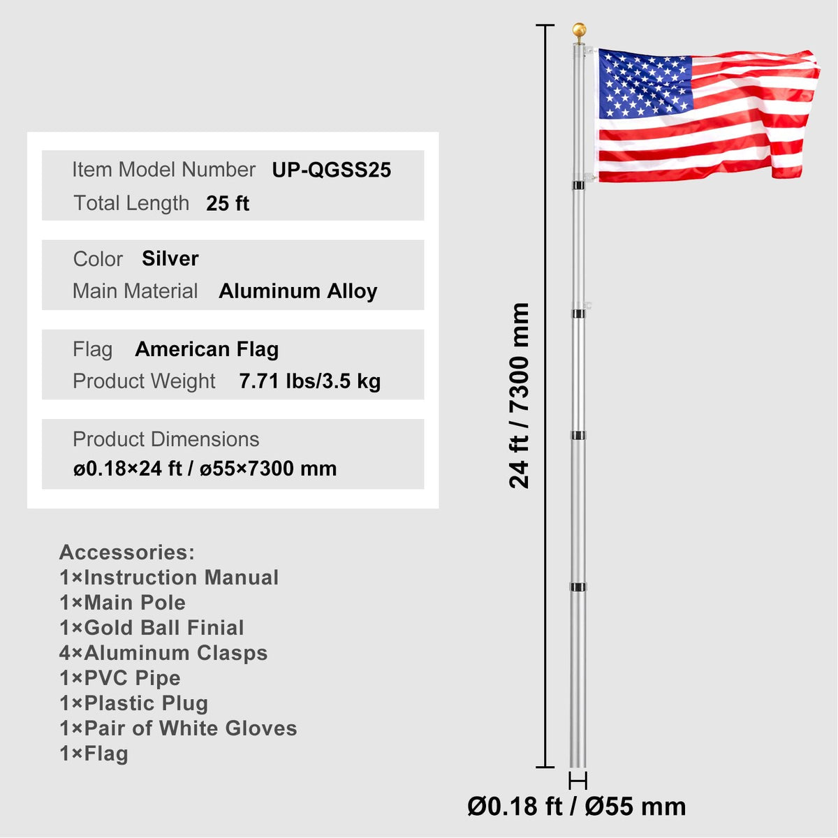 25FT Telescoping Flag pole Kit, Heavy Duty Aluminum Alloy in Ground Flag Poles for Outside, 3 Display Modes Flagpole with 3x5 American Flag, Professional Accessories, Silver