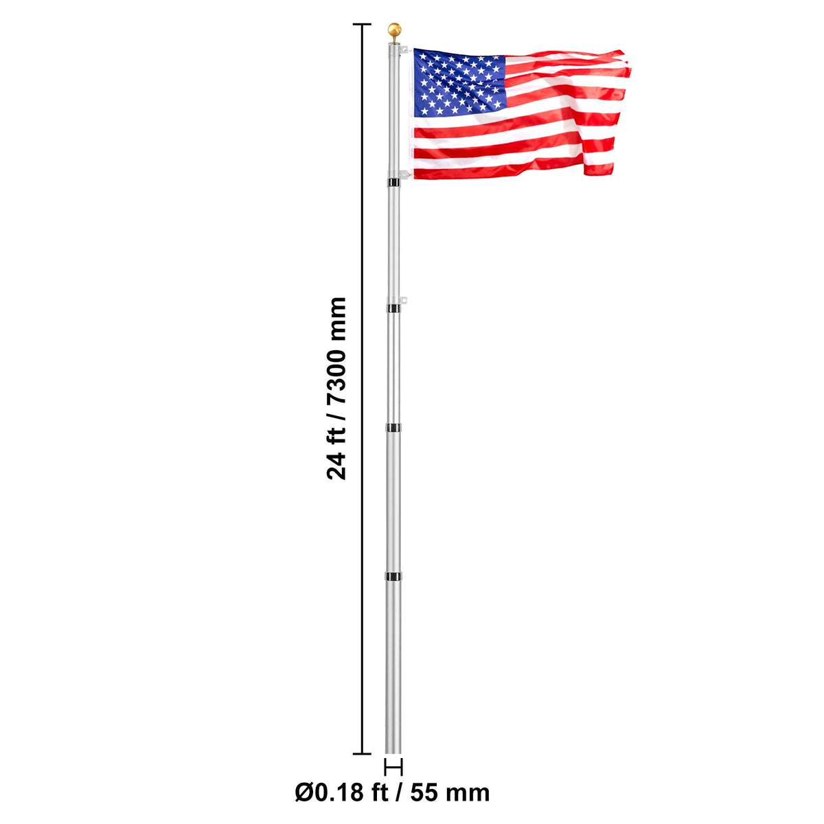 25FT Telescoping Flag pole Kit, Heavy Duty Aluminum Alloy in Ground Flag Poles for Outside, 3 Display Modes Flagpole with 3x5 American Flag, Professional Accessories, Silver