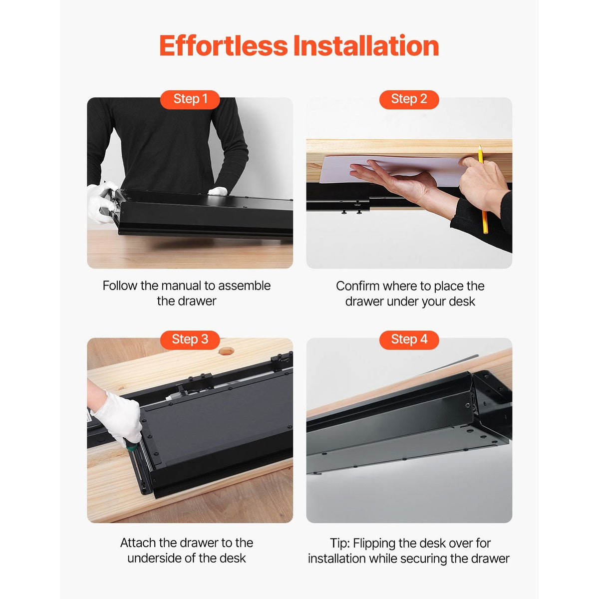 26" Wide Under Desk Drawer Slide Out, Under Desk Mounted Pull-out Drawer Attachment, Hidden Desktop Storage Organizer, Under Table Pencil Drawer for office Home Sit Stand Workstation, 29x9x4 in