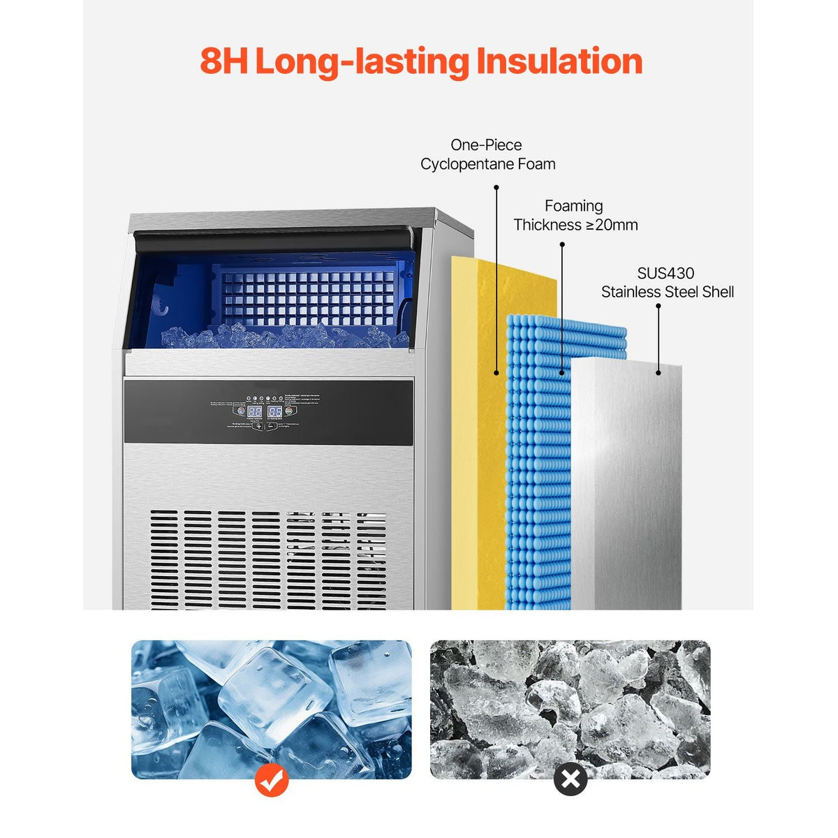 265lbs/24H Commercial Ice Maker, 108 Ice Cubes in 15 Minutes, Freestanding Ice Maker Machine with 66lbs Large Storage Capacity for Bar Office Restaurant, with LED Digital Display & Self-Cleaning
