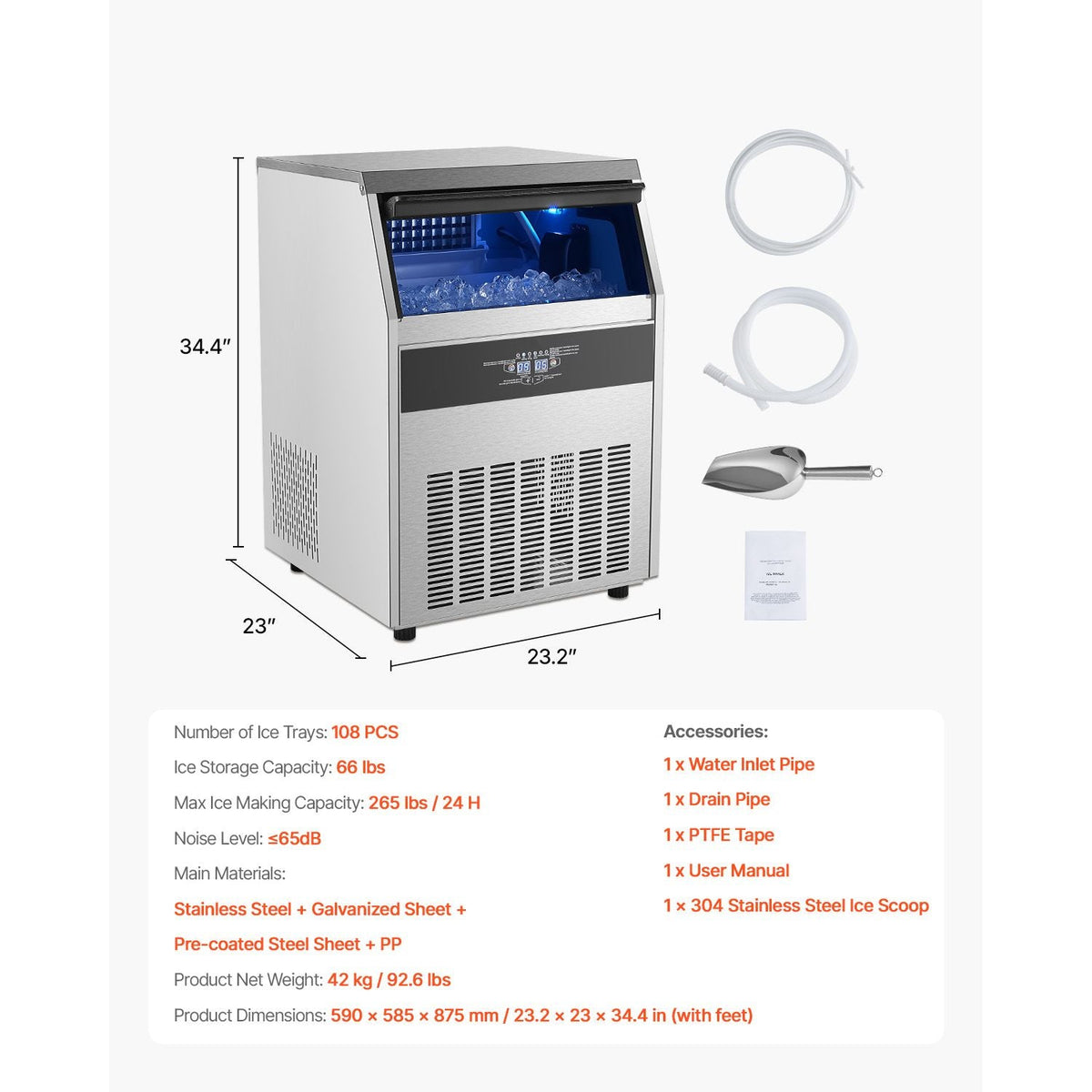 265lbs/24H Commercial Ice Maker, 108 Ice Cubes in 15 Minutes, Freestanding Ice Maker Machine with 66lbs Large Storage Capacity for Bar Office Restaurant, with LED Digital Display & Self-Cleaning