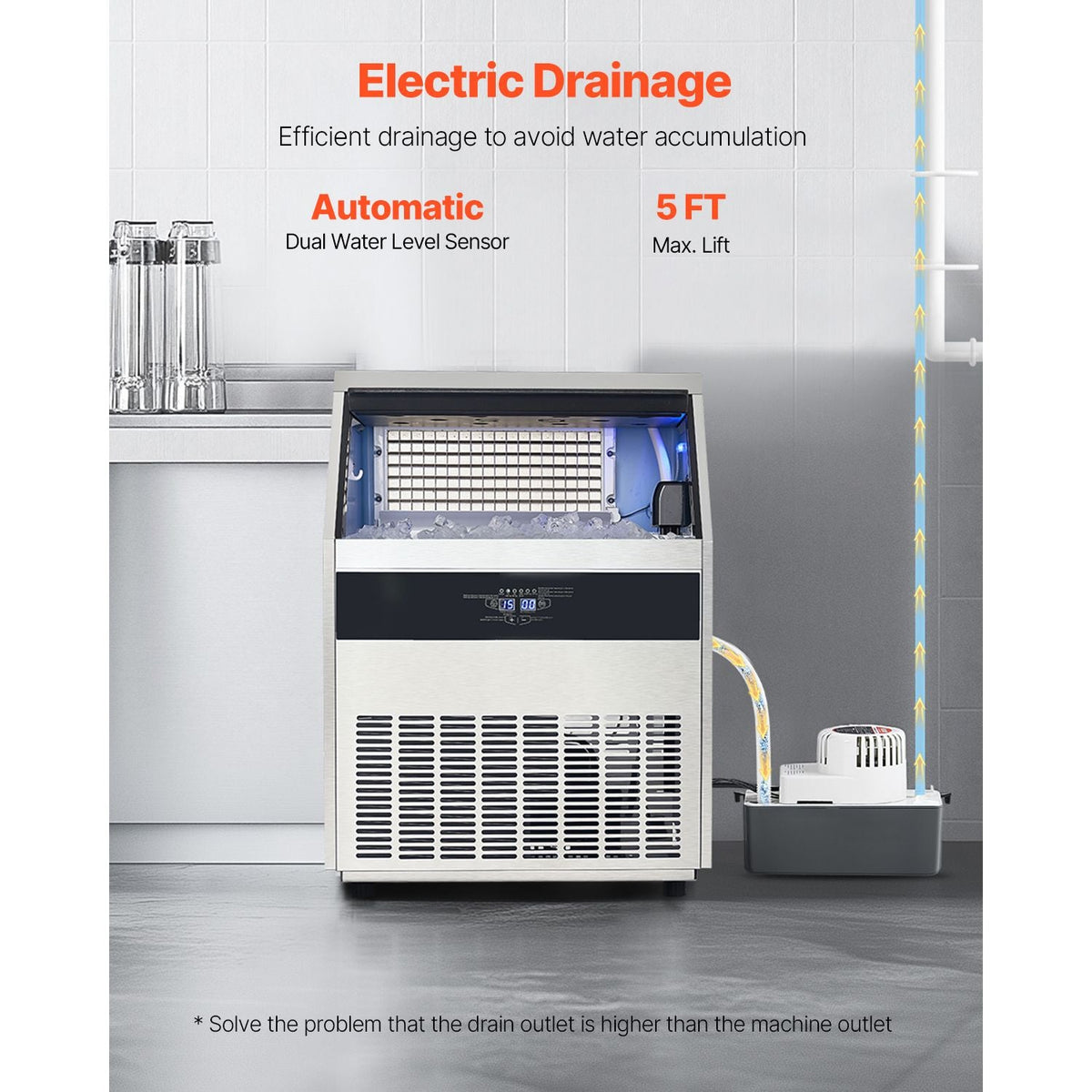265lbs/24H Commercial Ice Maker Machine, 88lbs Storage Capacity Ice Maker with Drain Pump, 126 Ice Cubes in 15 Minutes, LED Digital Display Freestanding Self-Cleaning for Bar Office Restaurant