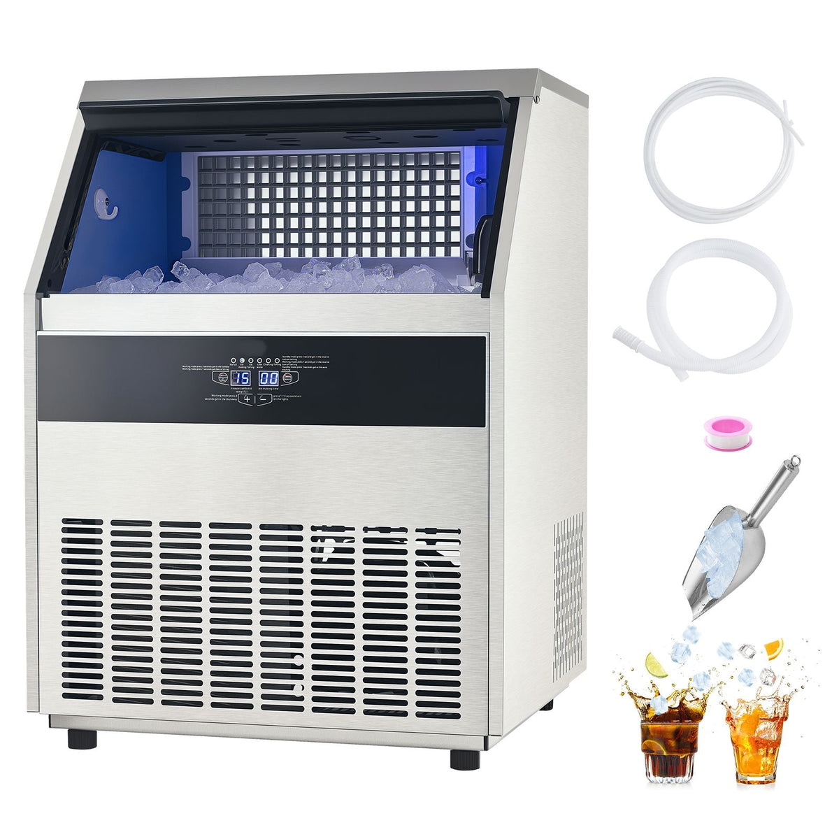 265lbs/24H Commercial Ice Maker Machine, 88lbs Storage Capacity Ice Maker with Drain Pump, 126 Ice Cubes in 15 Minutes, LED Digital Display Freestanding Self-Cleaning for Bar Office Restaurant