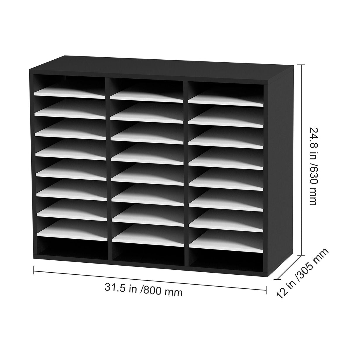 27 Compartments Wood Literature Organizer, Adjustable Shelves, Medium Density Fiberboard Mail Center, Office Home School Storage for Files, Documents, Papers, Magazines, Black+White