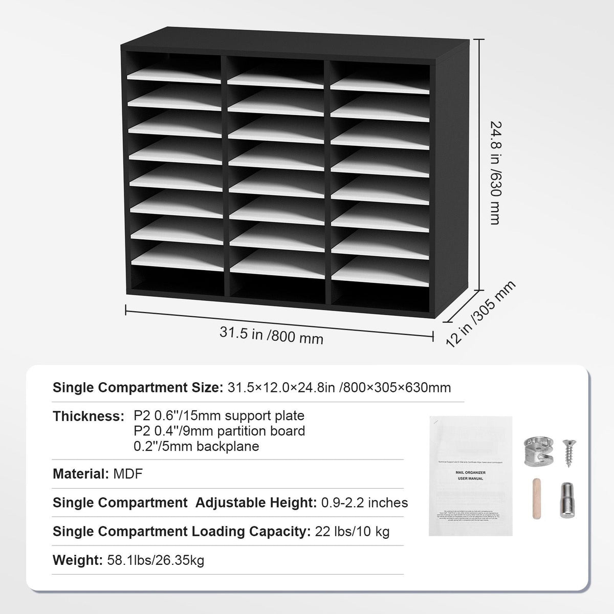 27 Compartments Wood Literature Organizer, Adjustable Shelves, Medium Density Fiberboard Mail Center, Office Home School Storage for Files, Documents, Papers, Magazines, Black+White