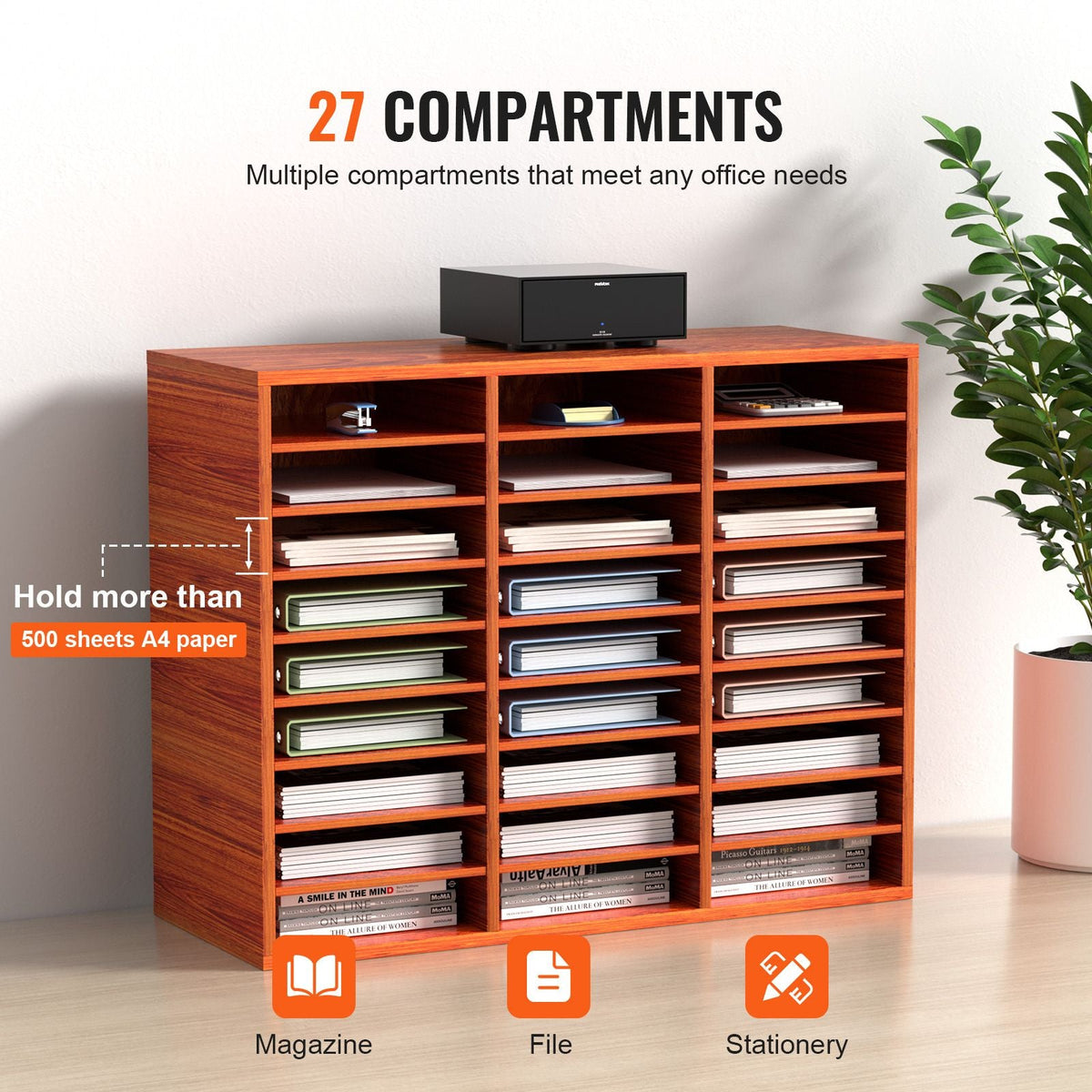 27 Compartments Wood Literature Organizer, Adjustable Shelves, Medium Density Fiberboard Mail Center, Office Home School Storage for Files, Documents, Papers, Magazines, Brown