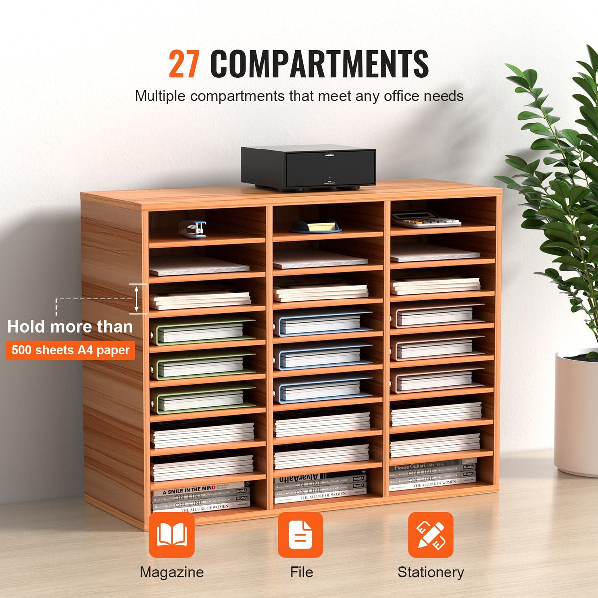 27 Compartments Wood Literature Organizer, Adjustable Shelves, Medium Density Fiberboard Mail Center, Office Home School Storage for Files, Documents, Papers, Magazines, White