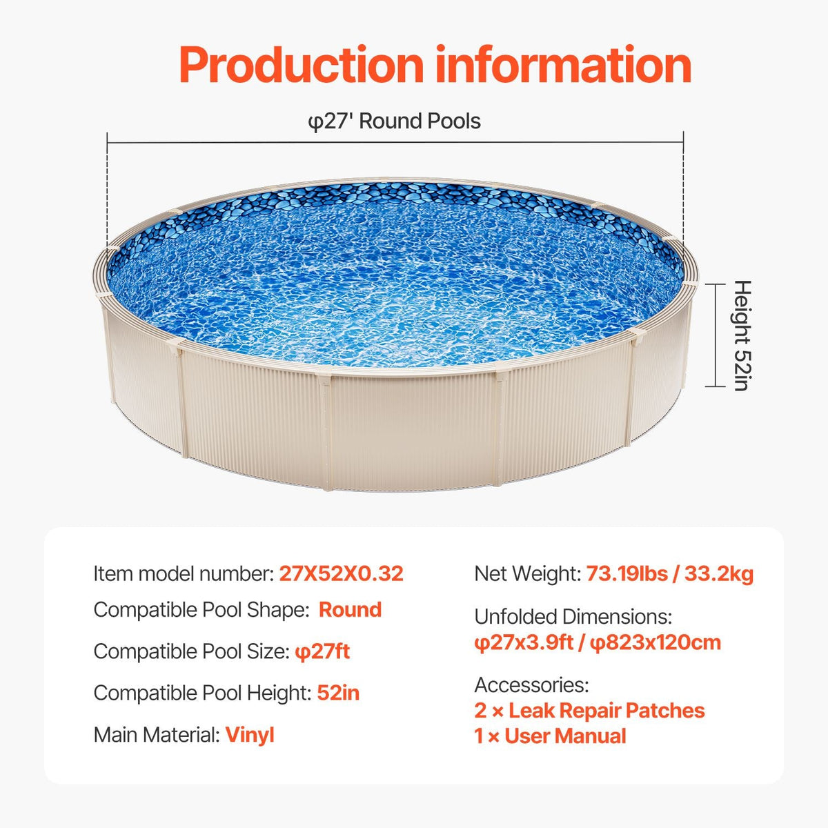 27-ft Round Above Ground Pool Liner, Unibead Pool Liners, Standard Gauge, 52inch Wall Height, Designed for Steel Sided Above-Ground Swimming Pools