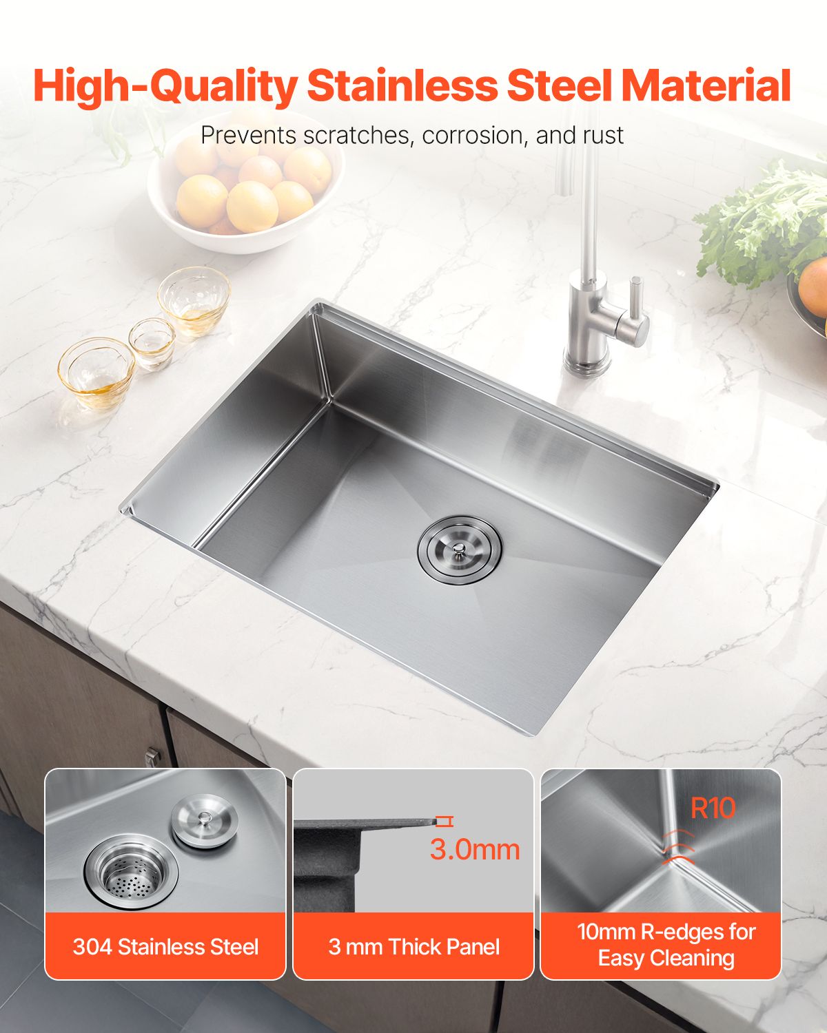 27 inch Kitchen Sink Workstation, 304 Stainless Steel Undermount Sink, Drop-In Single Bowl Farmhouse Basin with Ledge & Multiple Accessories, Household Dishwasher Sinks for RV, Prep Kitchen, Bar