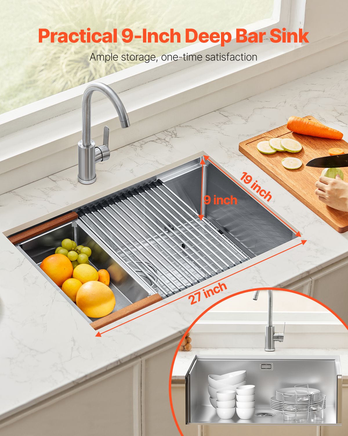 27 inch Kitchen Sink Workstation, 304 Stainless Steel Undermount Sink, Drop-In Single Bowl Farmhouse Basin with Ledge & Multiple Accessories, Household Dishwasher Sinks for RV, Prep Kitchen, Bar