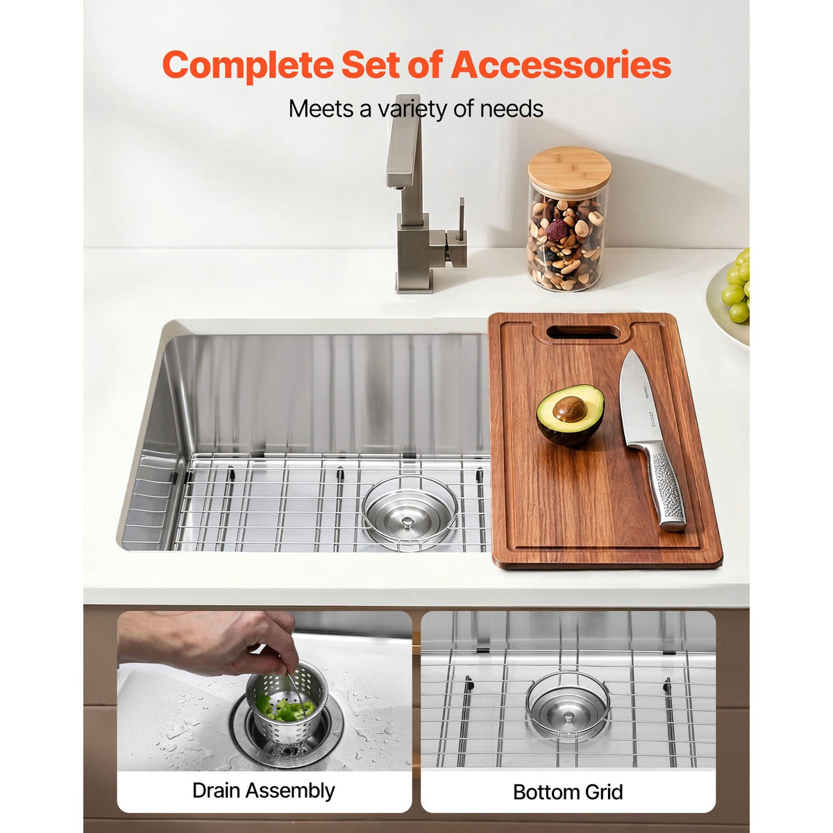 27-inch Kitchen Undermount Single Bowl Sinks, Stainless Steel Drop-In Farmhouse Basin with Accessories, Household Dishwasher Sinks for RV, Prep Kitchen, Laundry Room, Bar