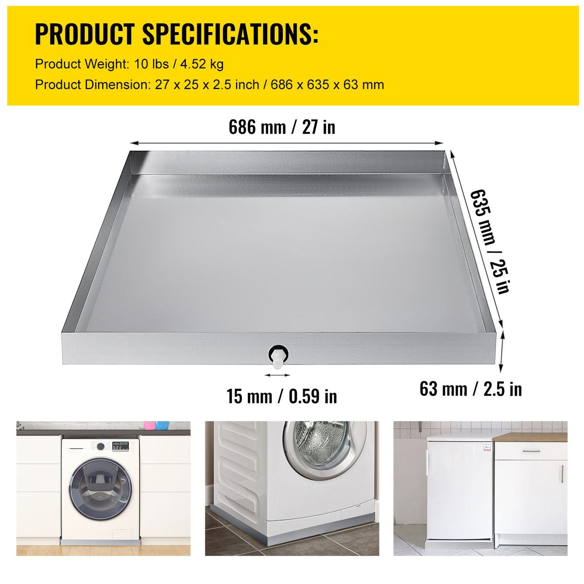 27 x 25 x 2.5 Inch Washing Machine Pan 304 Stainless Steel Washing Machine Drain Pan 18 GA Thickness Heavy Duty Compact Washer Drip Tray with Drain Hole & Hose Adapter