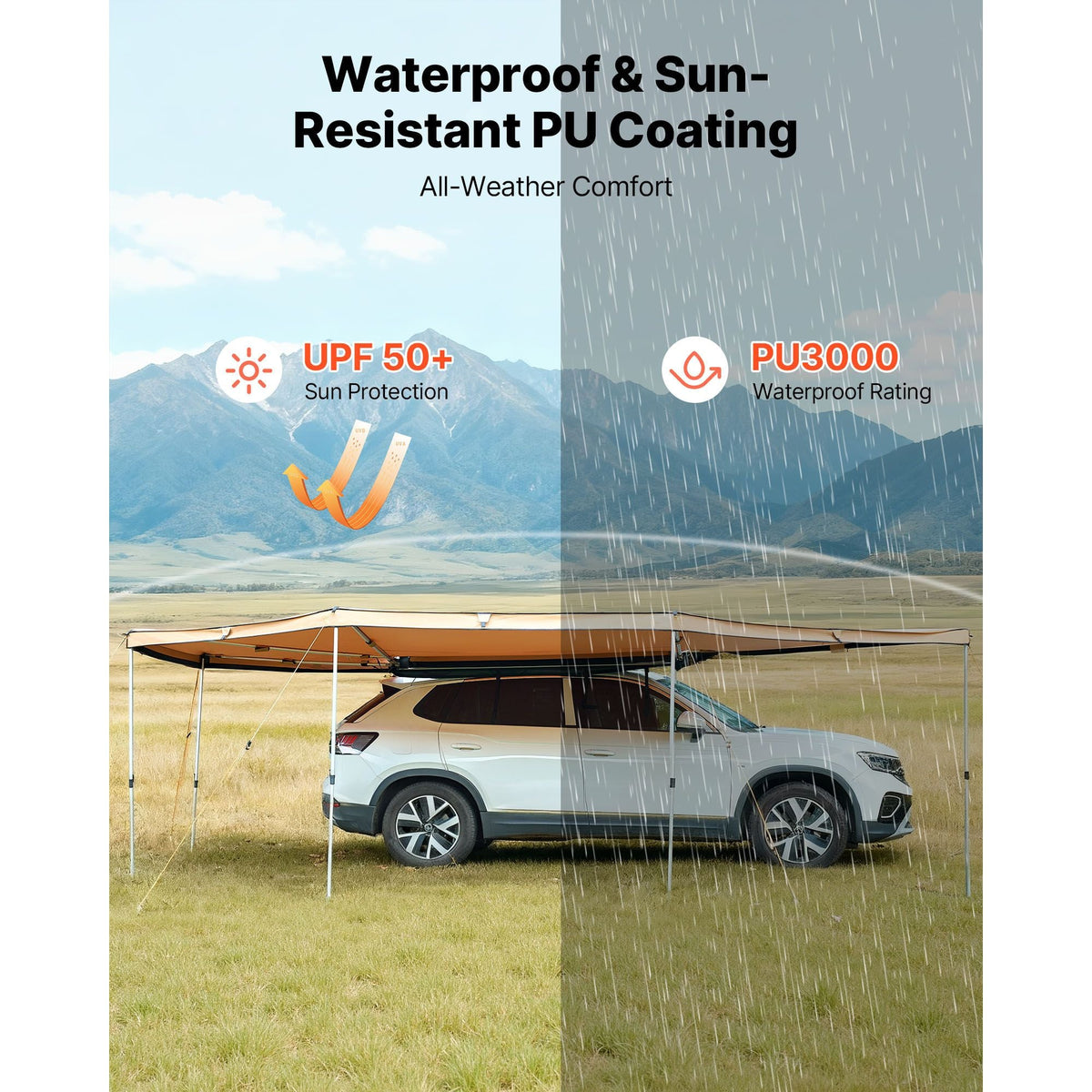 270 Degree Awning, 133 sq.ft Driver Side Vehicle Awning, Waterproof UV50+ Car Side Awnings with Carry Bag, All-Weather Free-Standing Overland Awnings Car Shelter for SUV Van Truck Camping