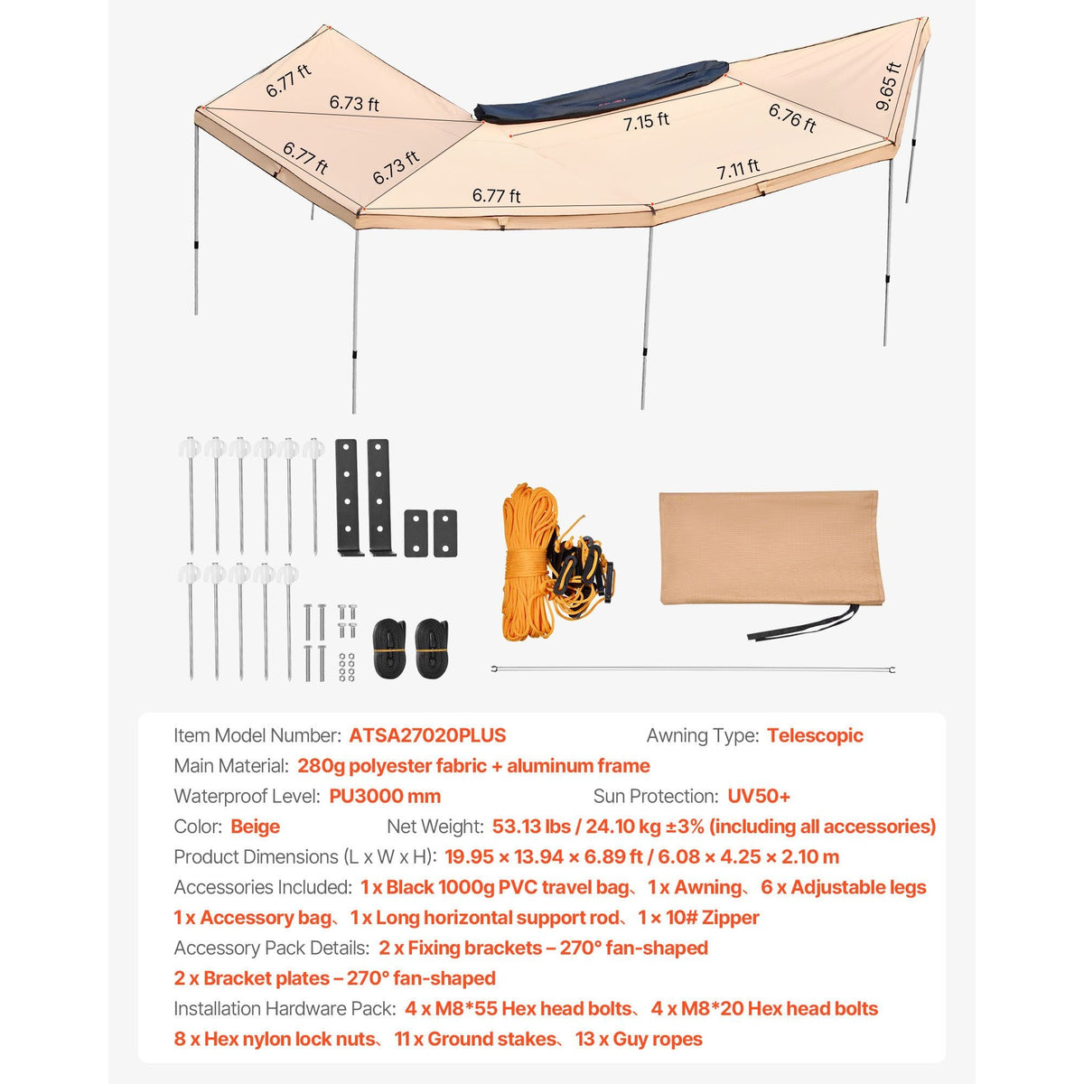 270 Degree Awning, 133 sq.ft Driver Side Vehicle Awning, Waterproof UV50+ Car Side Awnings with Carry Bag, All-Weather Free-Standing Overland Awnings Car Shelter for SUV Van Truck Camping