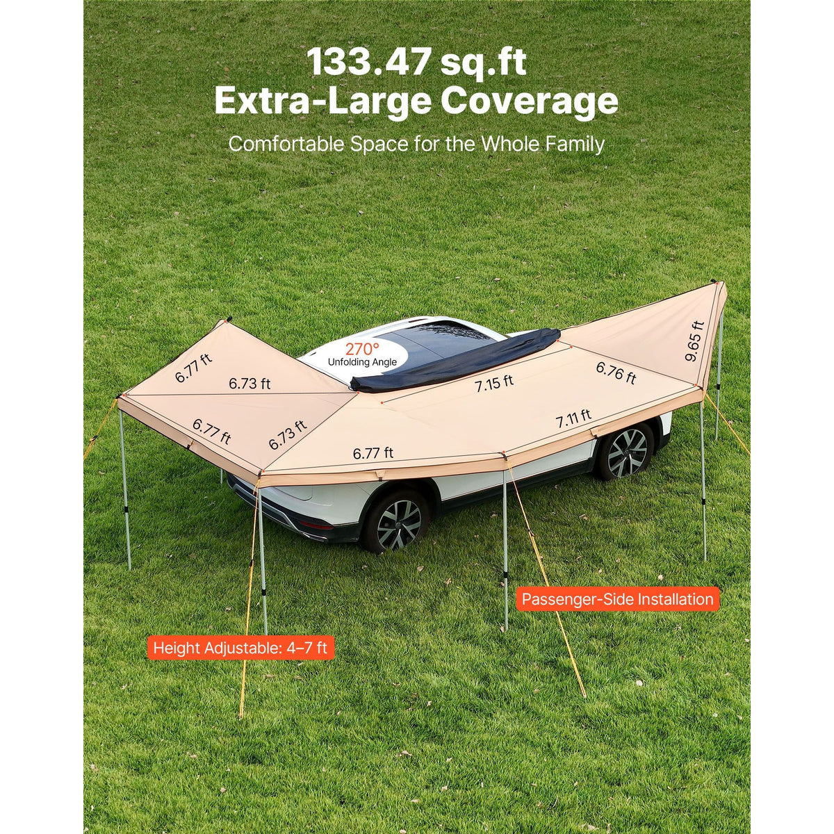270 Degree Awning, 133 sq.ft Driver Side Vehicle Awning, Waterproof UV50+ Car Side Awnings with Carry Bag, All-Weather Free-Standing Overland Awnings Car Shelter for SUV Van Truck Camping