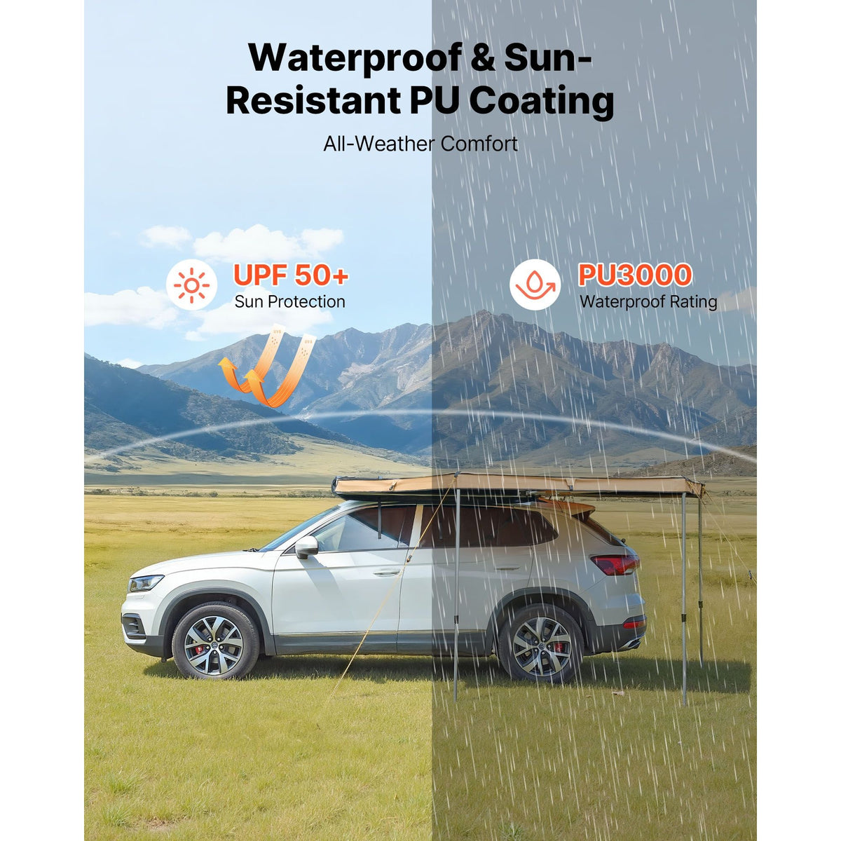 270 Degree Awning, 52 sq.ft Driver Side Vehicle Awning, Waterproof UV50+ Car Side Awnings with Carry Bag, All-Weather Free-Standing Overland Awnings Car Shelter for SUV Van Truck Camping