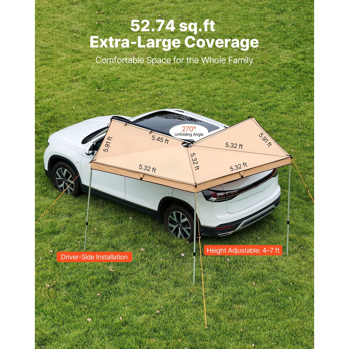 270 Degree Awning, 52 sq.ft Driver Side Vehicle Awning, Waterproof UV50+ Car Side Awnings with Carry Bag, All-Weather Free-Standing Overland Awnings Car Shelter for SUV Van Truck Camping