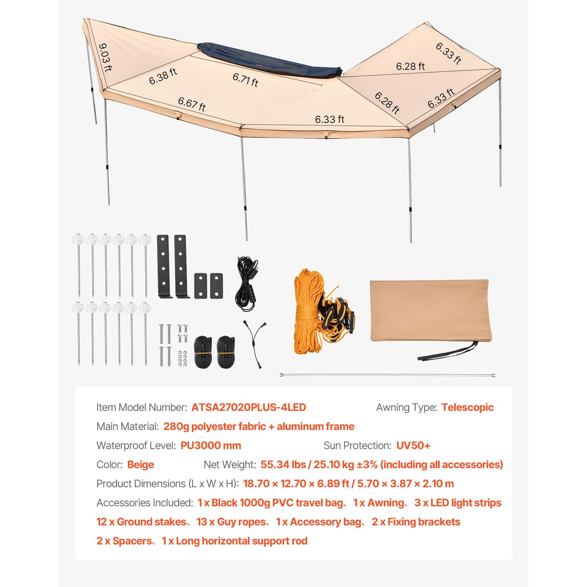 270 Degree Awning with Bulit-in LED Lights, 117 sq.ft Driver Side Vehicle Awning, Waterproof UV50+ Car Side Awnings, All-Weather Free-Standing Overland Awnings Car Shelter for SUV Truck Camping