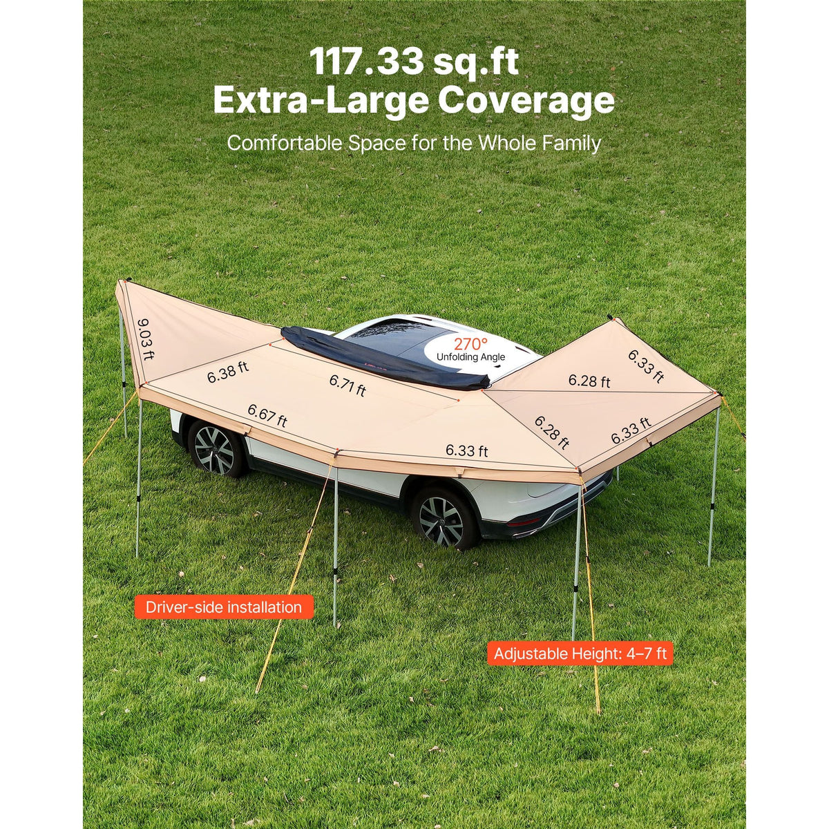 270 Degree Awning with Bulit-in LED Lights, 117 sq.ft Driver Side Vehicle Awning, Waterproof UV50+ Car Side Awnings, All-Weather Free-Standing Overland Awnings Car Shelter for SUV Truck Camping
