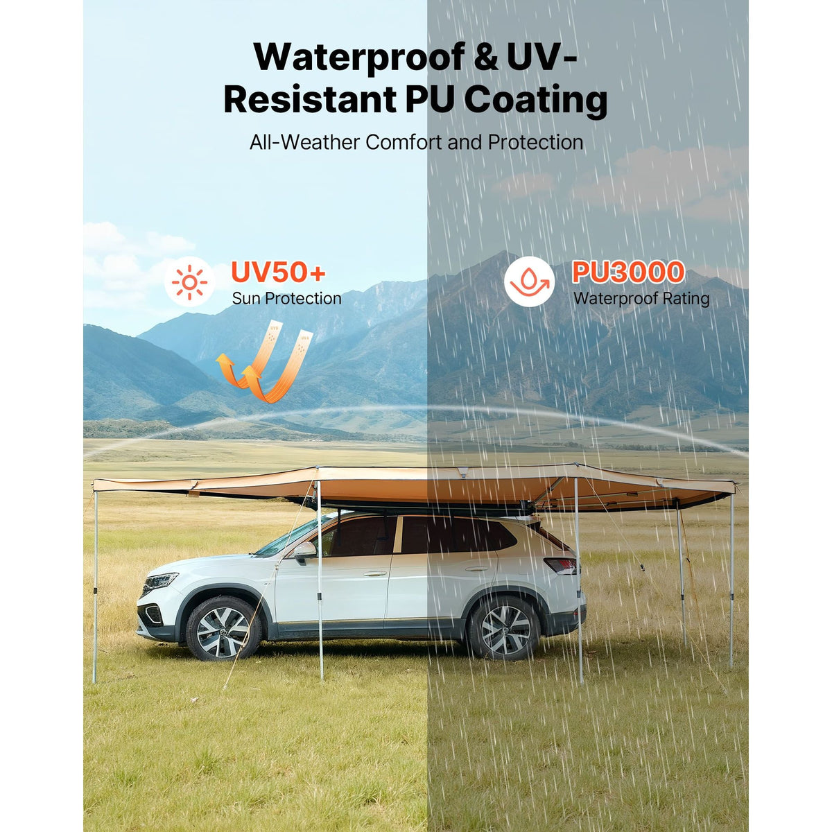 270 Degree Awning with Bulit-in LED Lights, 117 sq.ft Driver Side Vehicle Awning, Waterproof UV50+ Car Side Awnings, All-Weather Free-Standing Overland Awnings Car Shelter for SUV Truck Camping