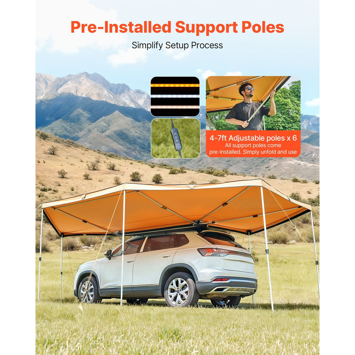 270 Degree Awning with Bulit-in LED Lights, 133 sq.ft Driver Side Vehicle Awning, Waterproof UV50+ Car Side Awnings, All-Weather Free-Standing Overland Awnings Car Shelter for SUV Truck Camping