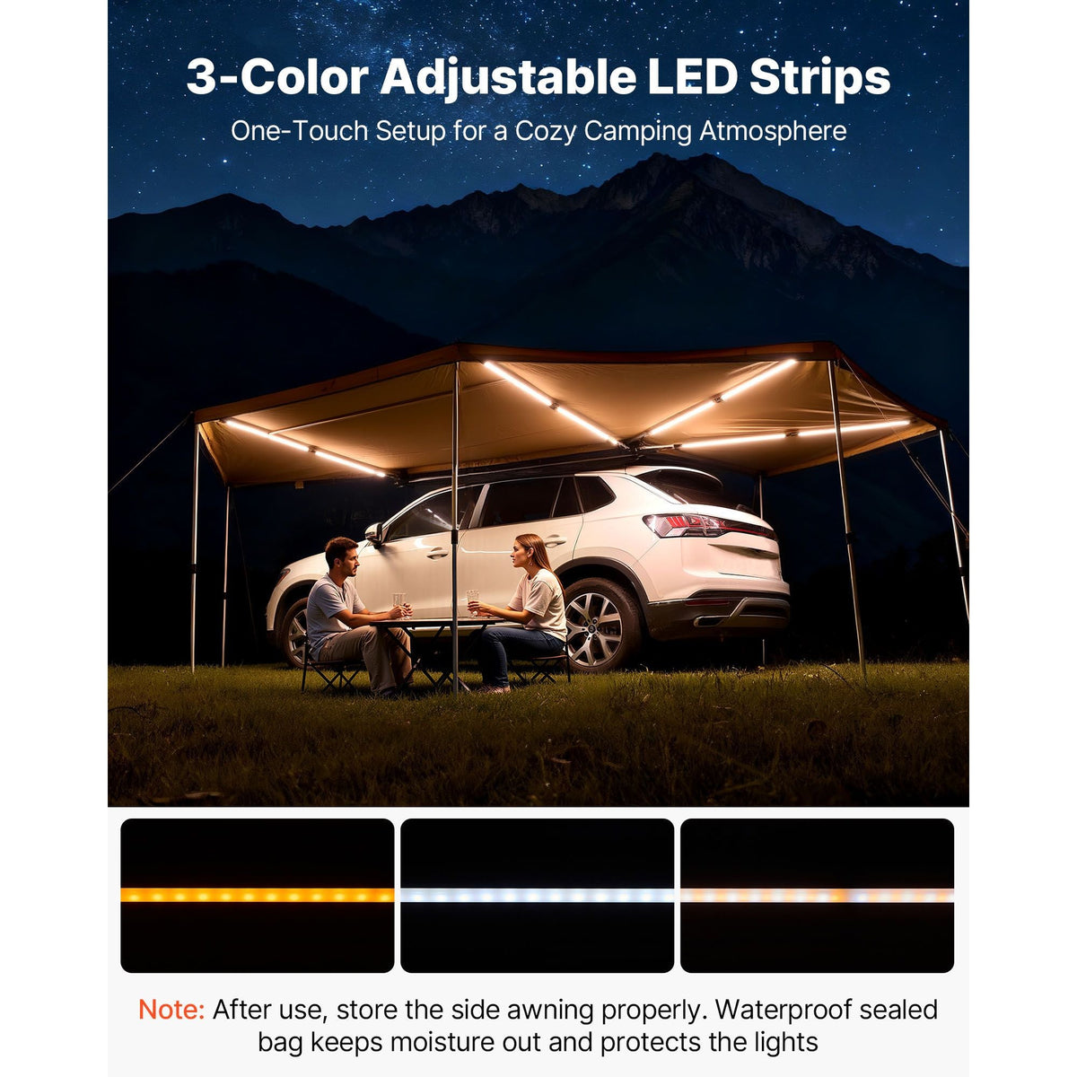 270 Degree Awning with Bulit-in LED Lights, 133 sq.ft Driver Side Vehicle Awning, Waterproof UV50+ Car Side Awnings, All-Weather Free-Standing Overland Awnings Car Shelter for SUV Truck Camping