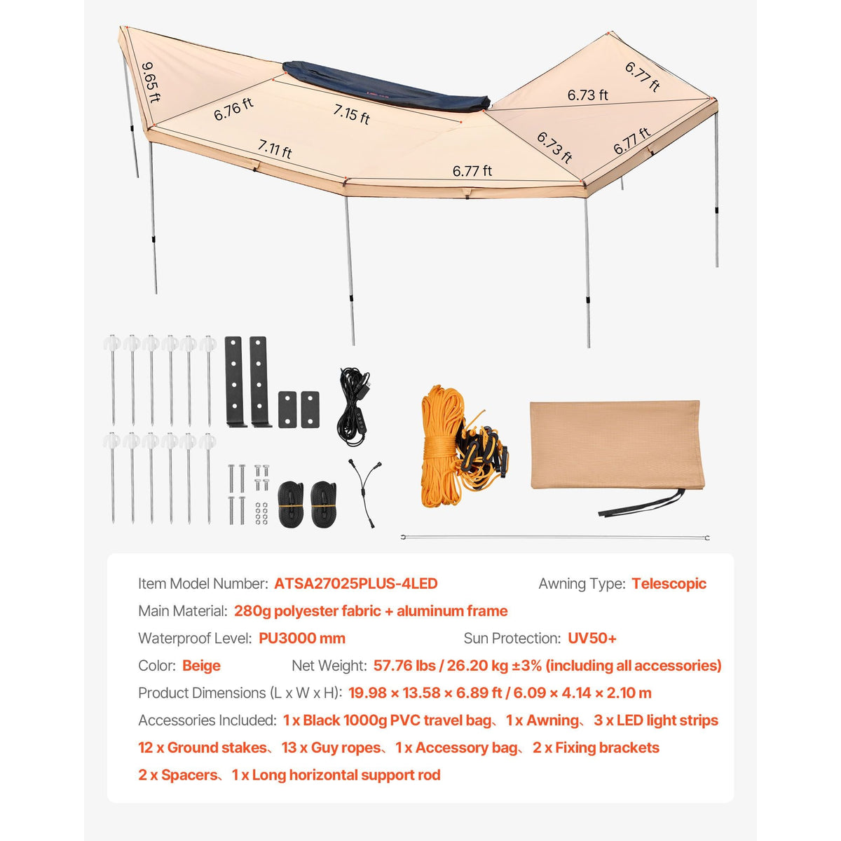 270 Degree Awning with Bulit-in LED Lights, 133 sq.ft Driver Side Vehicle Awning, Waterproof UV50+ Car Side Awnings, All-Weather Free-Standing Overland Awnings Car Shelter for SUV Truck Camping