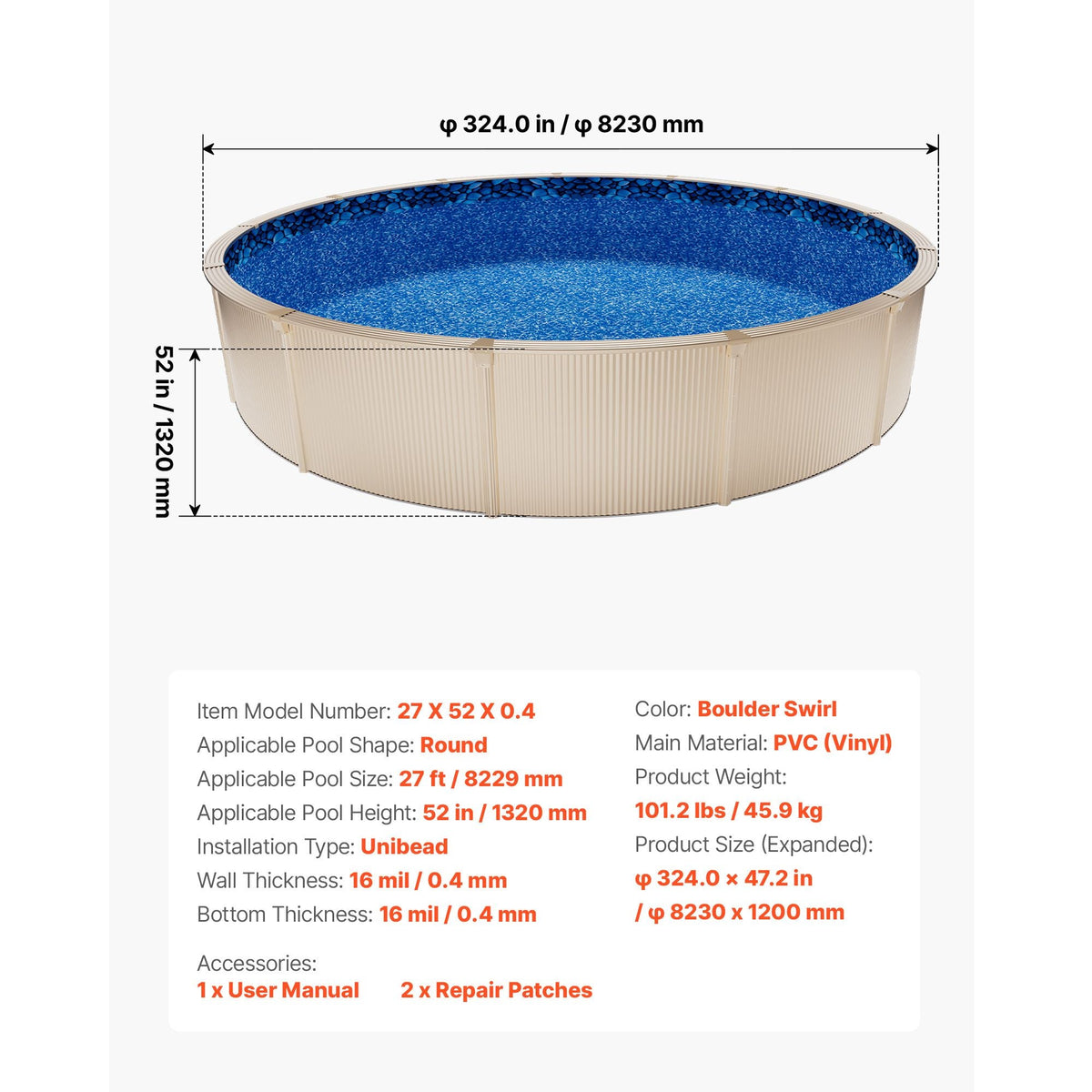 27ft Pool Liner, Round UniBead Swimming Pool Liner for 52 in Wall Height, Premium Vinyl, Easy Install with Leak-Proof Patches, Designed for Steel Sided Above-Ground,Outdoor, Boulder Swirl