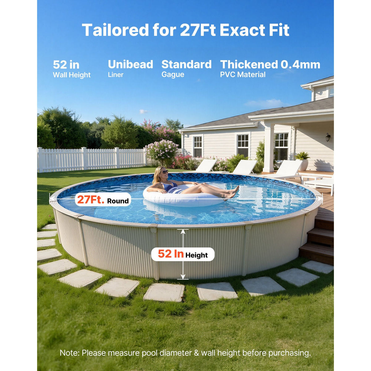 27ft Pool Liner, Round UniBead Swimming Pool Liner for 52 in Wall Height, Premium Vinyl, Easy Install with Leak-Proof Patches, Designed for Steel Sided Above-Ground,Outdoor, Boulder Swirl