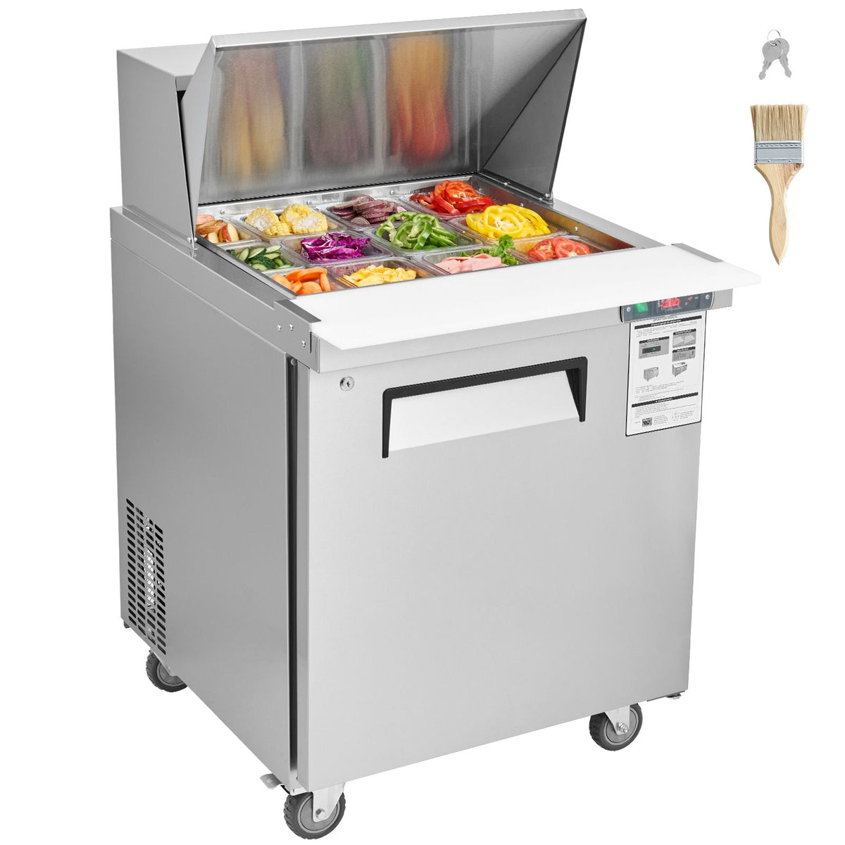 28" Commercial Refrigerator Sandwich & Salad Prep Table, 7.4 Cu. Ft Stainless Steel Refrigerated Food Prep Station with 12 Pans, Cut Board, Frost Free Refrigerator with Lock for Restaurant