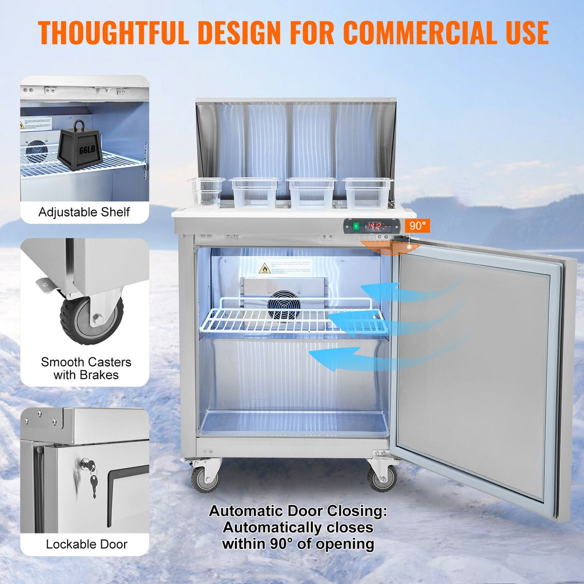 28" Commercial Refrigerator Sandwich & Salad Prep Table, 7.4 Cu. Ft Stainless Steel Refrigerated Food Prep Station with 12 Pans, Cut Board, Frost Free Refrigerator with Lock for Restaurant