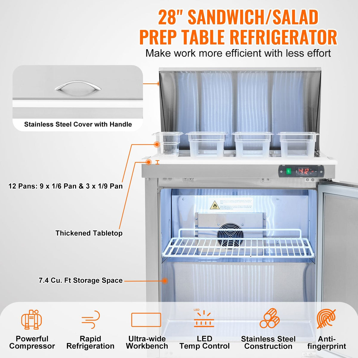 28" Commercial Refrigerator Sandwich & Salad Prep Table, 7.4 Cu. Ft Stainless Steel Refrigerated Food Prep Station with 12 Pans, Cut Board, Frost Free Refrigerator with Lock for Restaurant