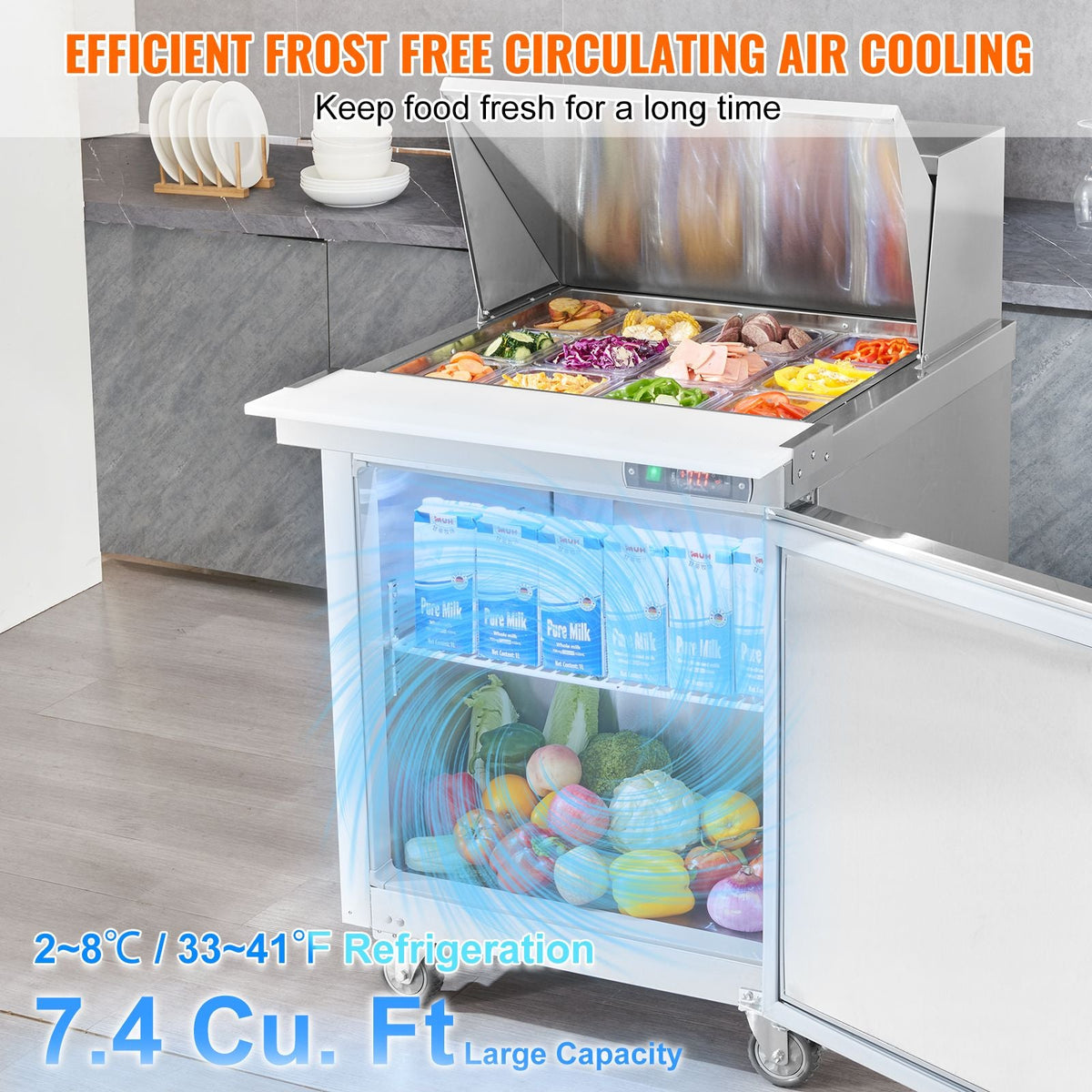 28" Commercial Refrigerator Sandwich & Salad Prep Table, 7.4 Cu. Ft Stainless Steel Refrigerated Food Prep Station with 12 Pans, Cut Board, Frost Free Refrigerator with Lock for Restaurant