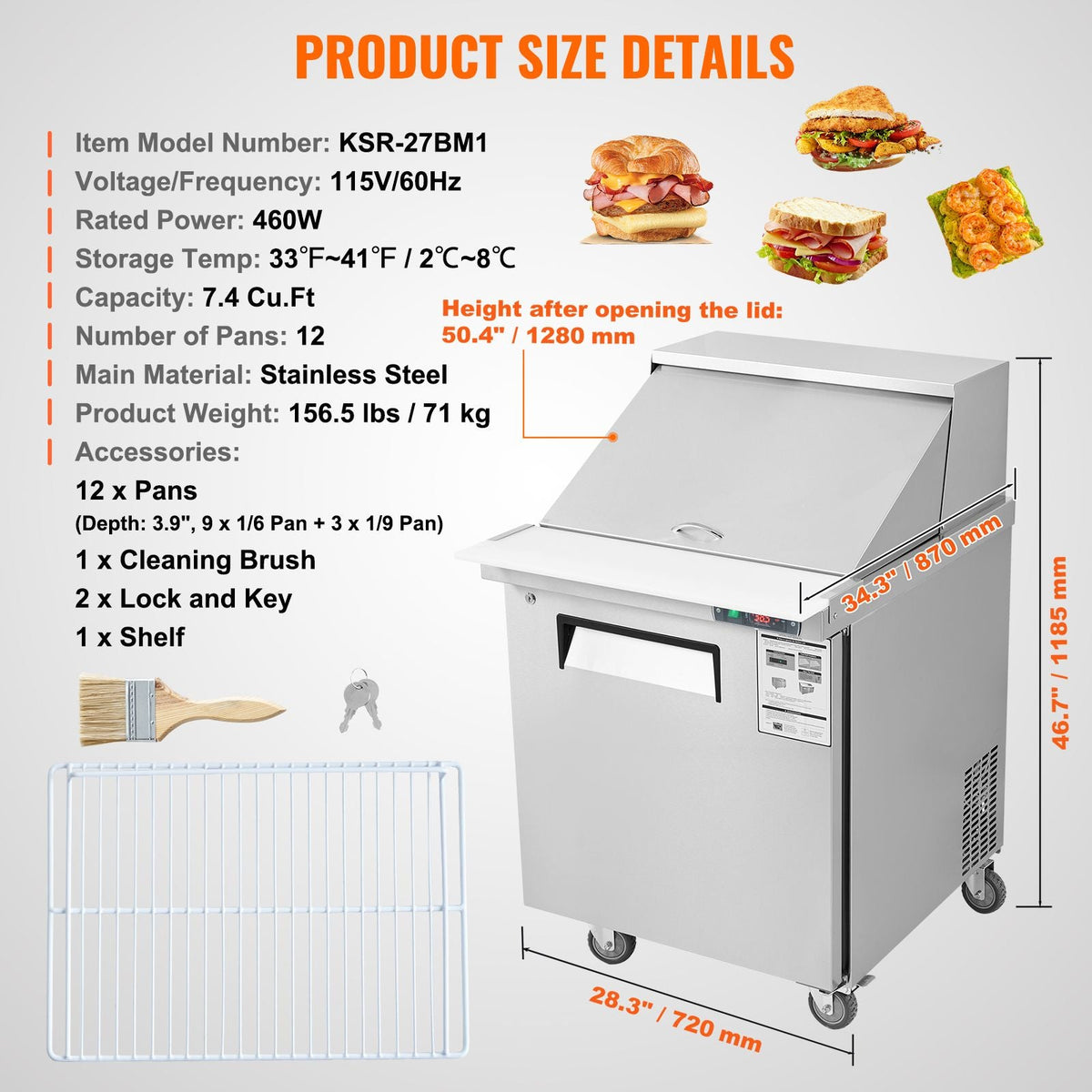 28" Commercial Refrigerator Sandwich & Salad Prep Table, 7.4 Cu. Ft Stainless Steel Refrigerated Food Prep Station with 12 Pans, Cut Board, Frost Free Refrigerator with Lock for Restaurant