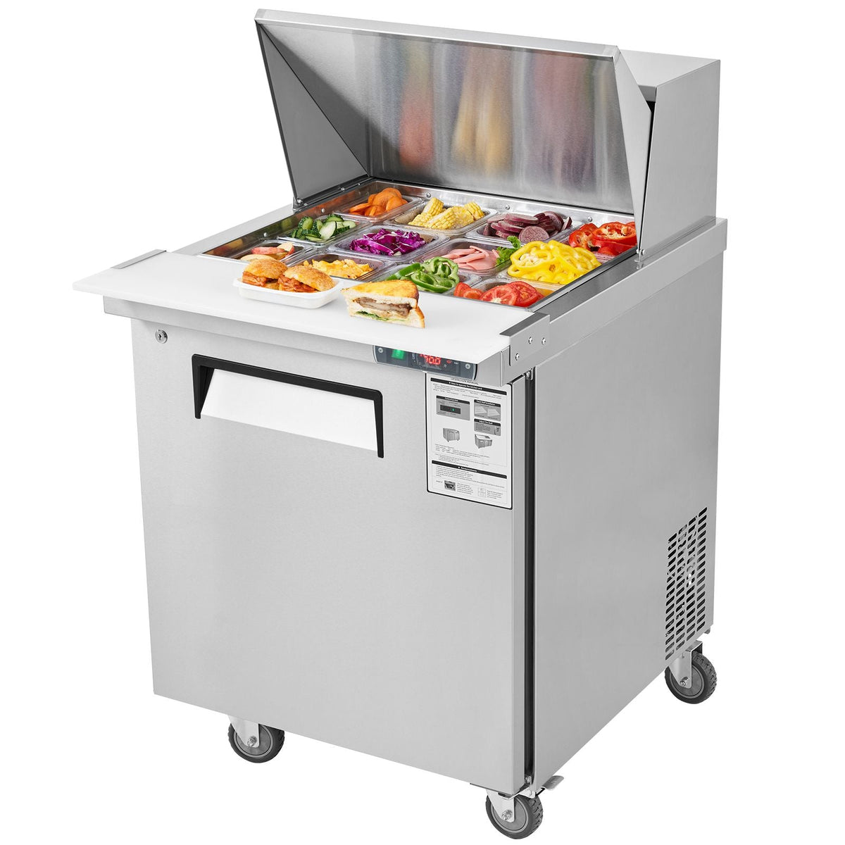 28" Commercial Refrigerator Sandwich & Salad Prep Table, 7.4 Cu. Ft Stainless Steel Refrigerated Food Prep Station with 12 Pans, Cut Board, Frost Free Refrigerator with Lock for Restaurant