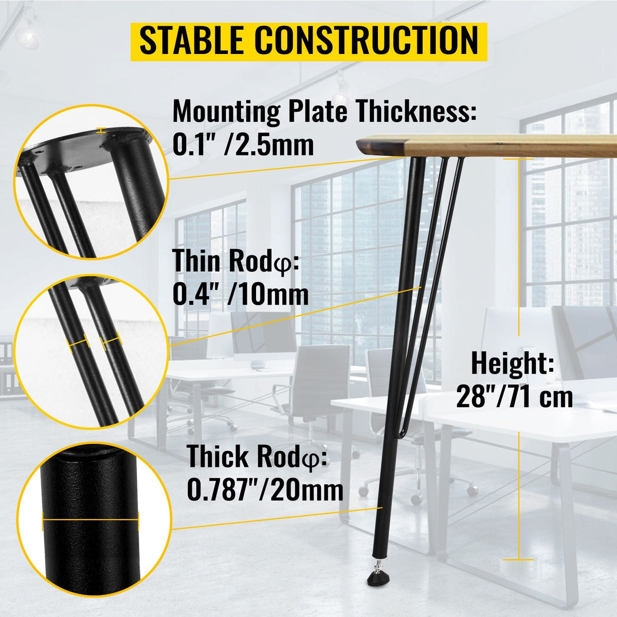 28" Hairpin Desk Legs, 4-Pack, Durable 3-Rod Iron Bench Supports for DIY Tables, Includes Rubber Feet, Black