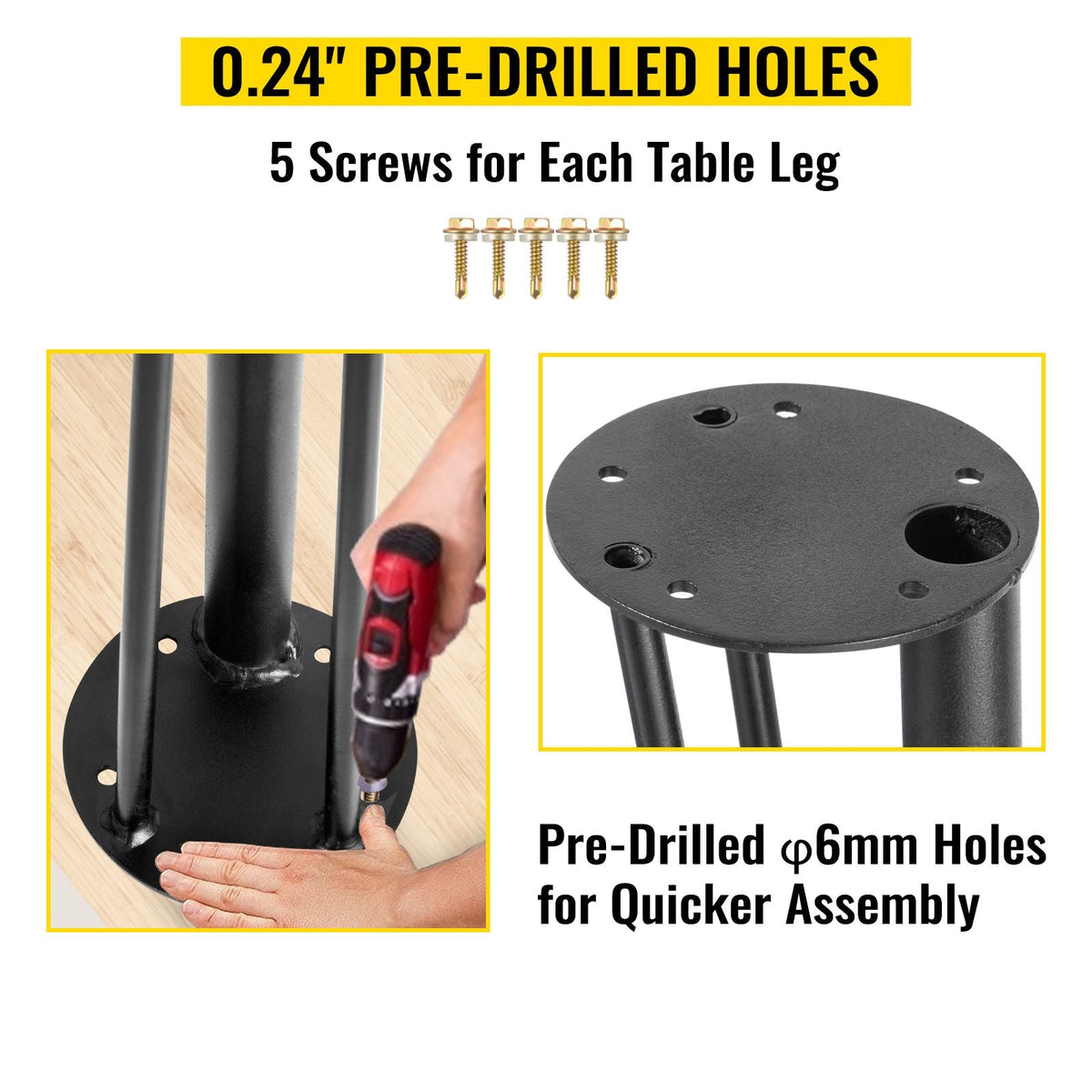 28" Hairpin Desk Legs, 4-Pack, Durable 3-Rod Iron Bench Supports for DIY Tables, Includes Rubber Feet, Black