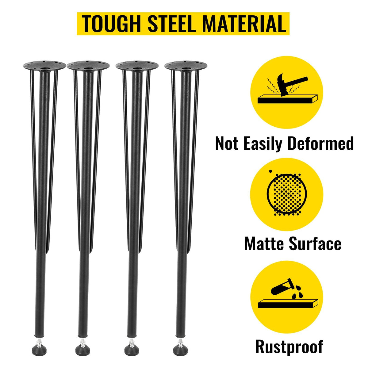 28" Hairpin Desk Legs, 4-Pack, Durable 3-Rod Iron Bench Supports for DIY Tables, Includes Rubber Feet, Black