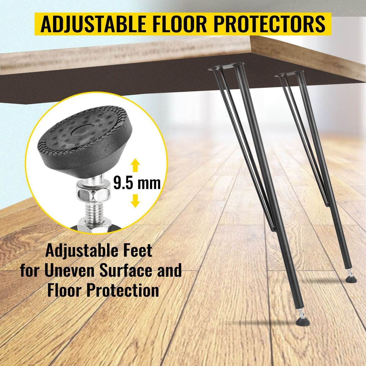 28" Hairpin Desk Legs, 4-Pack, Durable 3-Rod Iron Bench Supports for DIY Tables, Includes Rubber Feet, Black