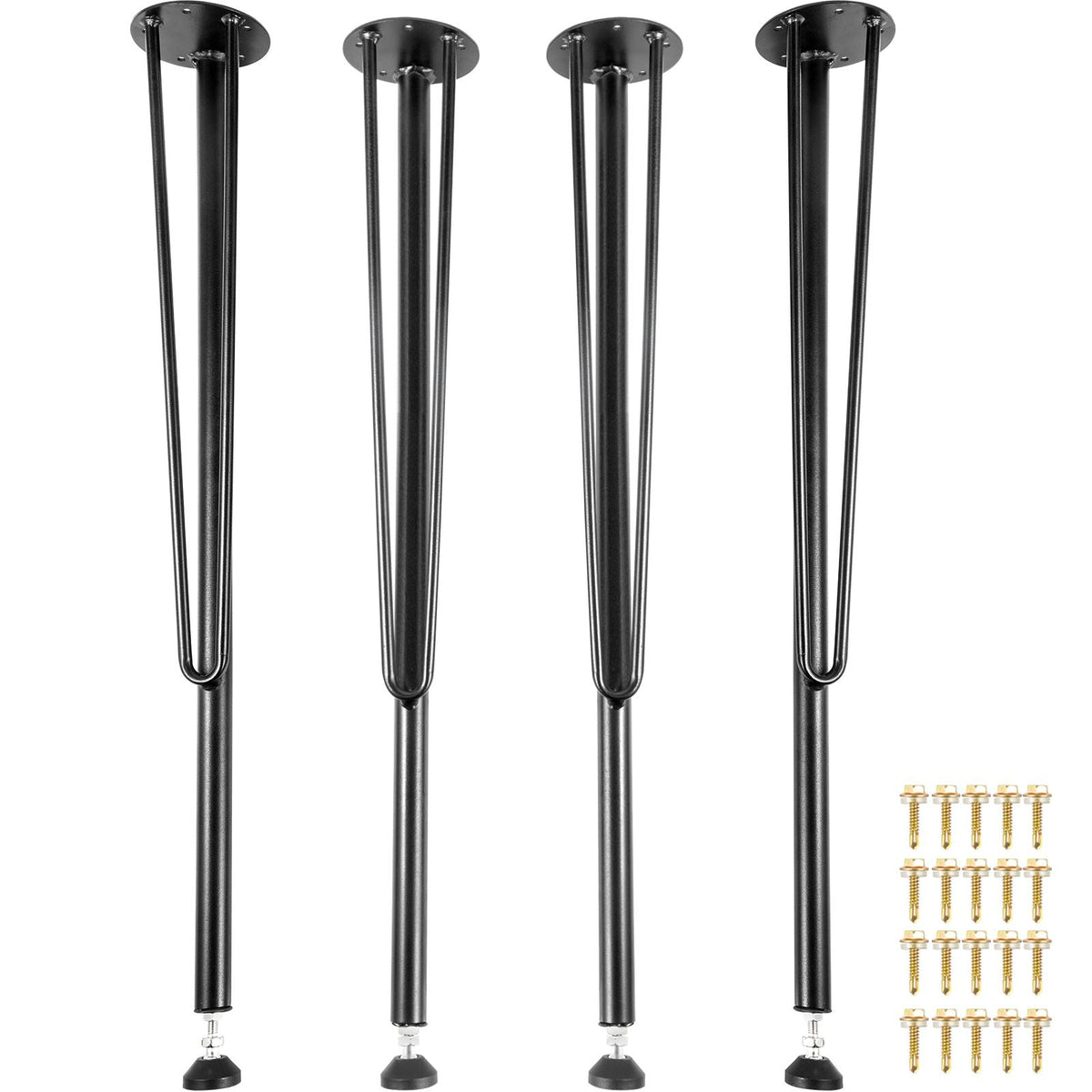 28" Hairpin Desk Legs, 4-Pack, Durable 3-Rod Iron Bench Supports for DIY Tables, Includes Rubber Feet, Black