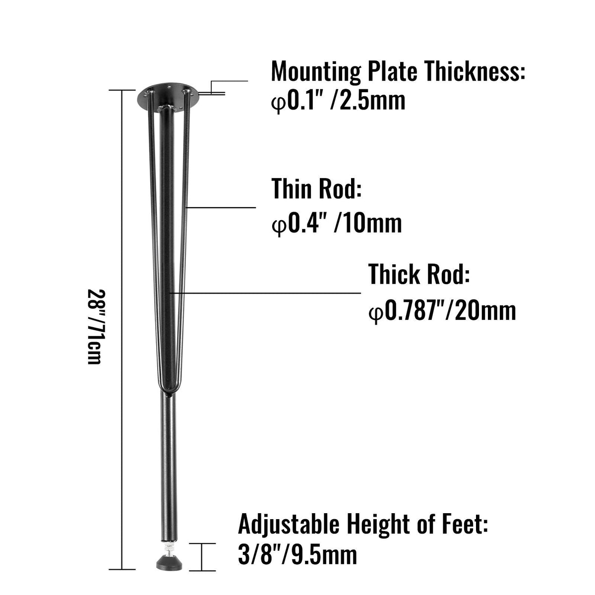 28" Hairpin Desk Legs, 4-Pack, Durable 3-Rod Iron Bench Supports for DIY Tables, Includes Rubber Feet, Black
