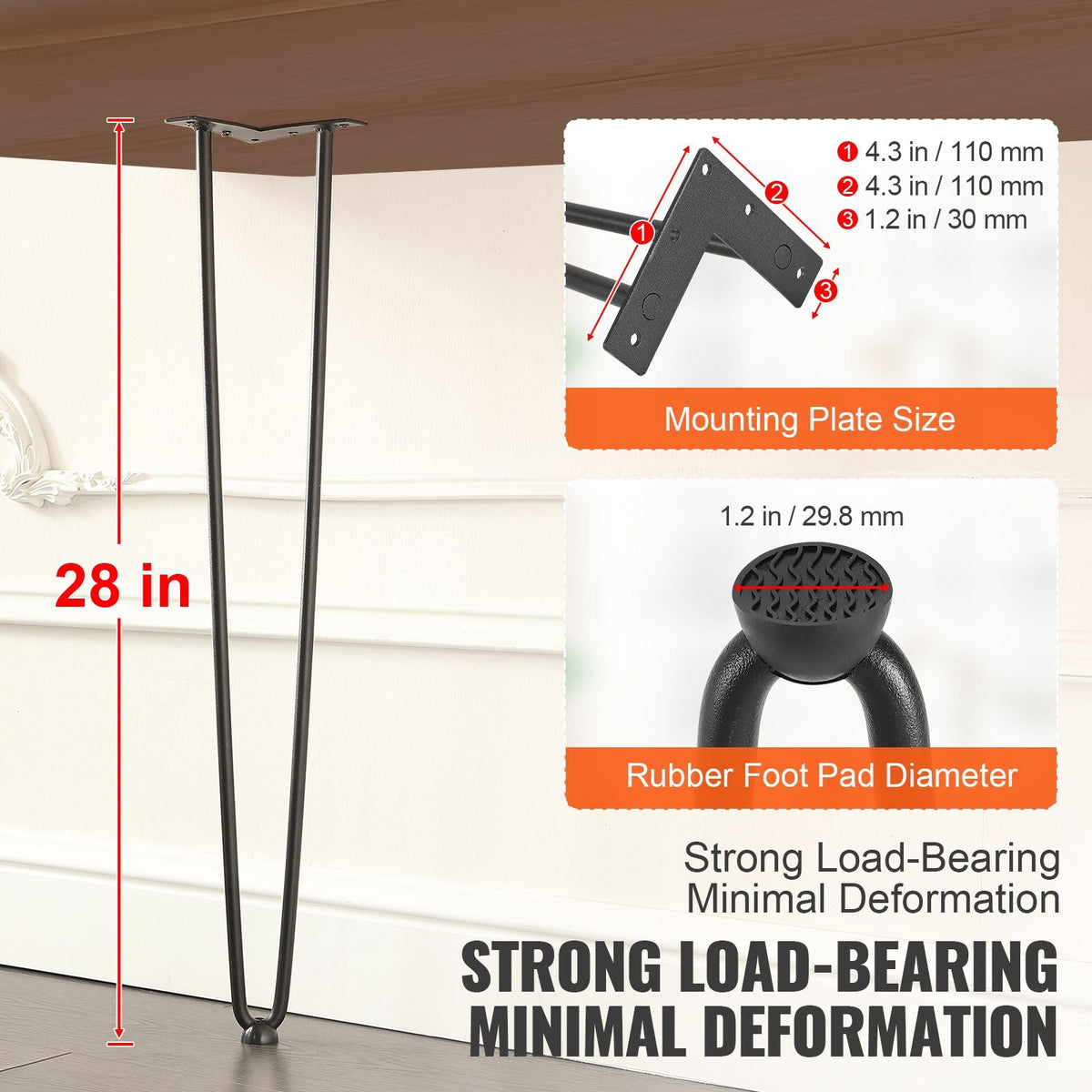 28" Hairpin Furniture Legs, Metal Home DIY Projects for Nightstand, Coffee Table, Desk, 500lbs Load Capacity with Rubber Floor Protectors, Metal Heavy Duty Sturdy Modern Table Legs, 4PCS Black
