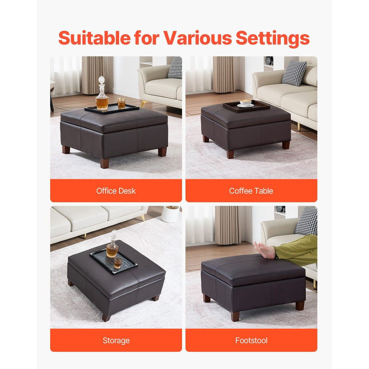 28 in Square Leather Ottoman with Storage, Upholstered Tufted Button Coffee Table Ottoman with Flip-Top Design, PU Leather High-Density Sponge for Living Room, Dorm, Bedroom, Dark Brown