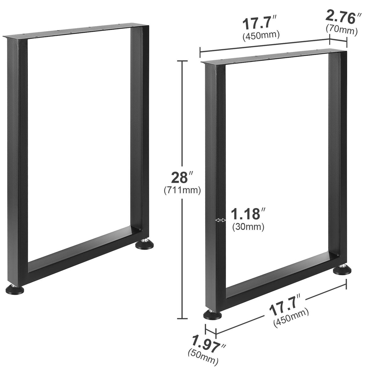 28 Inch Adjustable Furniture Legs, Square Reinforced Steel Office Table legs Set of 2 for DIY, Max Load 1000 lbs Heavy Duty Desk Legs, Quick Instalation & Rich Accessories Legs Black