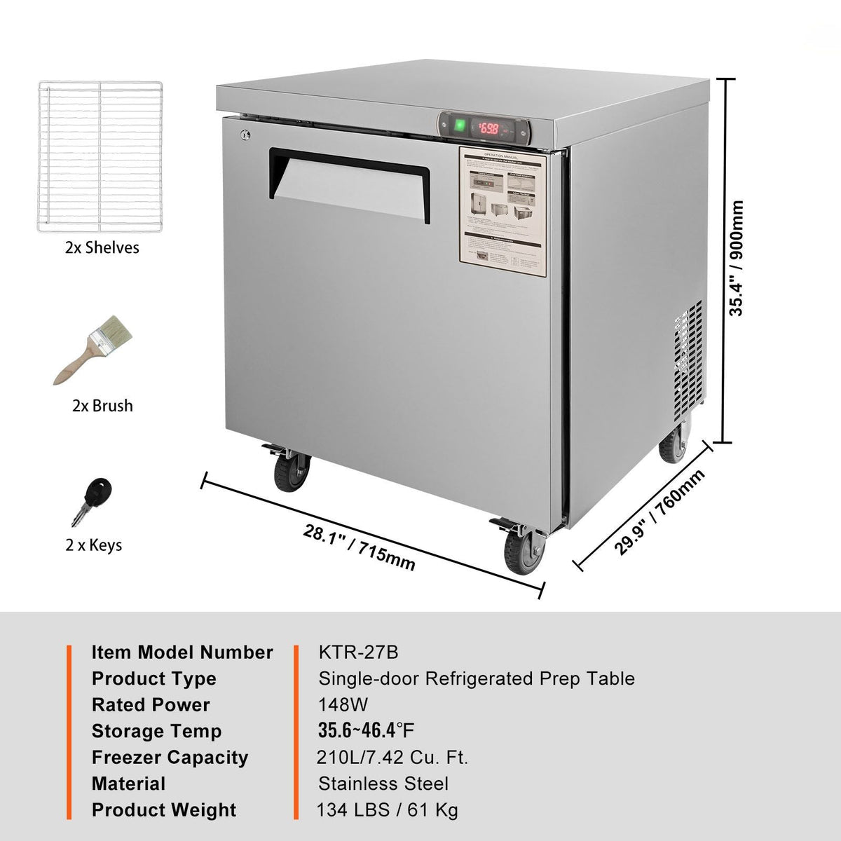 28-inch Stainless Steel Undercounter Refrigerator, 7.4 Cubic Feet, with Fan-Assisted Cooling and Lockable Single Door, Ideal for Food Preparation Areas and Bars